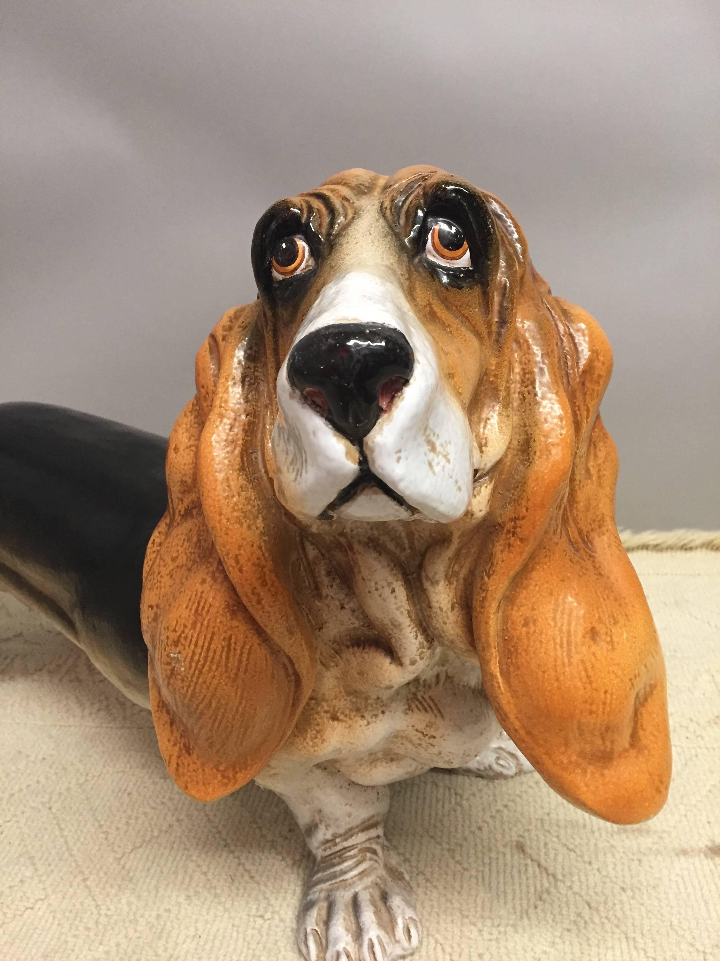 Large and adorable glazed terra cotta sculpture of a life like basset hound.