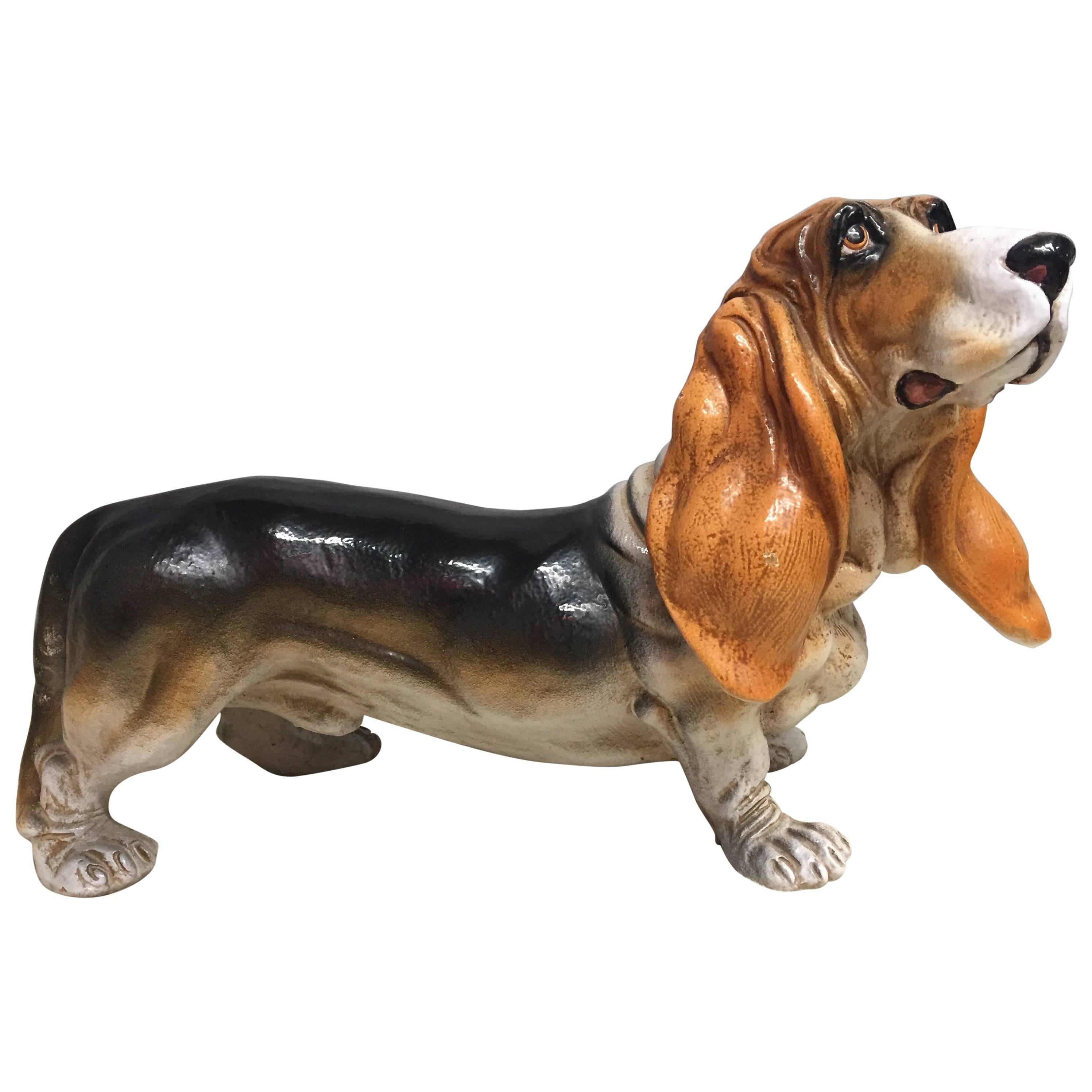 Irresistible Italian Glazed Terra Cotta Basset Hound Sculpture