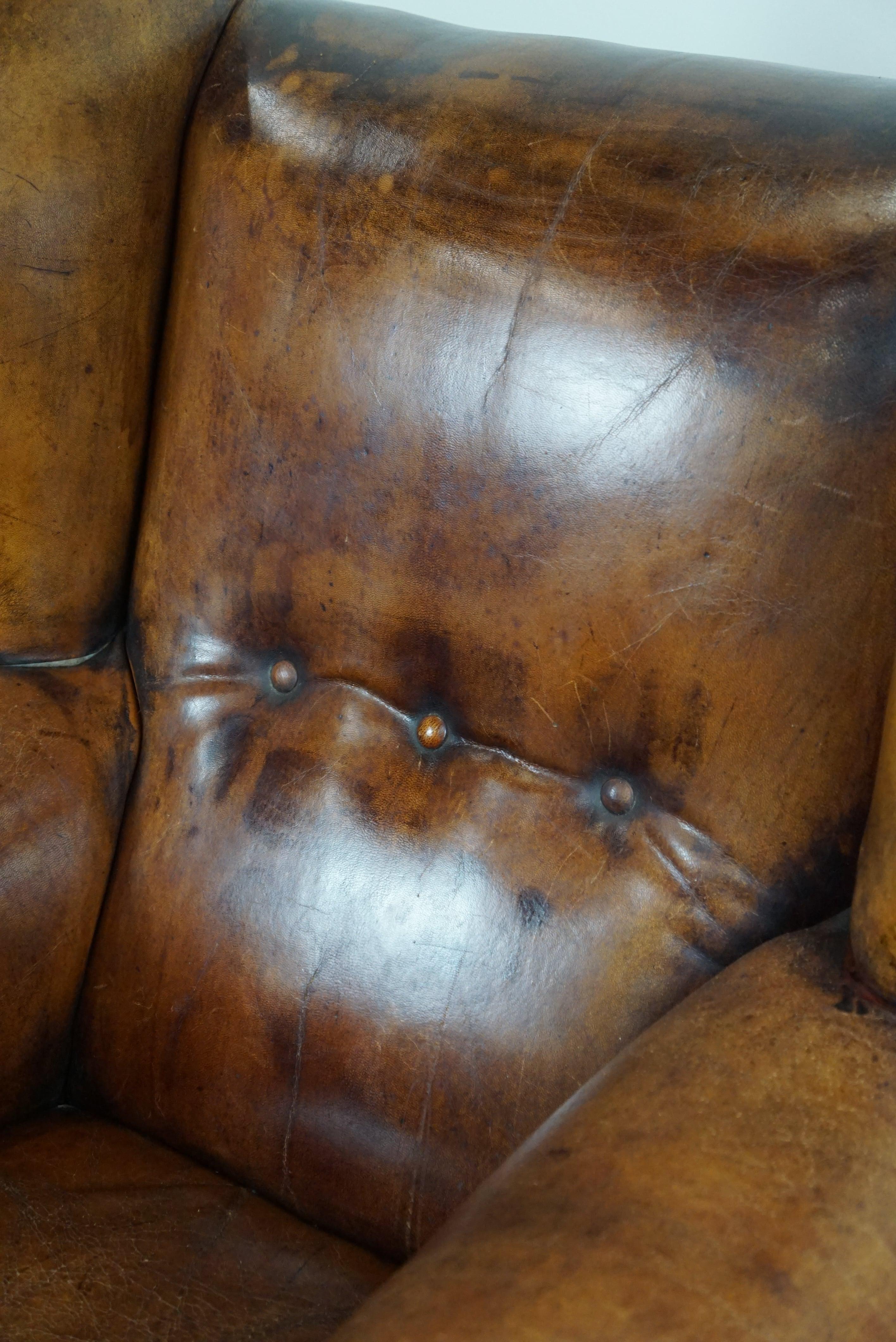 Irresistible old sheep leather wingback armchair with the most beautiful colors For Sale 3
