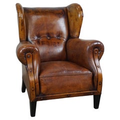 Irresistible old sheep leather wingback armchair with the most beautiful colors
