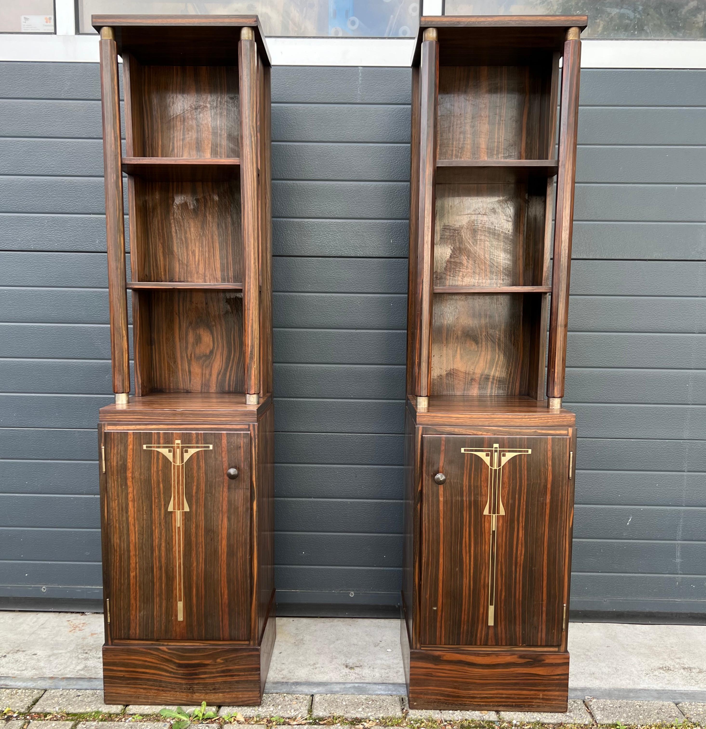Top class luxurious coromandel Art Deco bookcases, cabinets, nightstands or stands

This early twentieth century and good size Austrian pair of Art Deco bookcases with its stunning design makes a great statement piece for your private library or