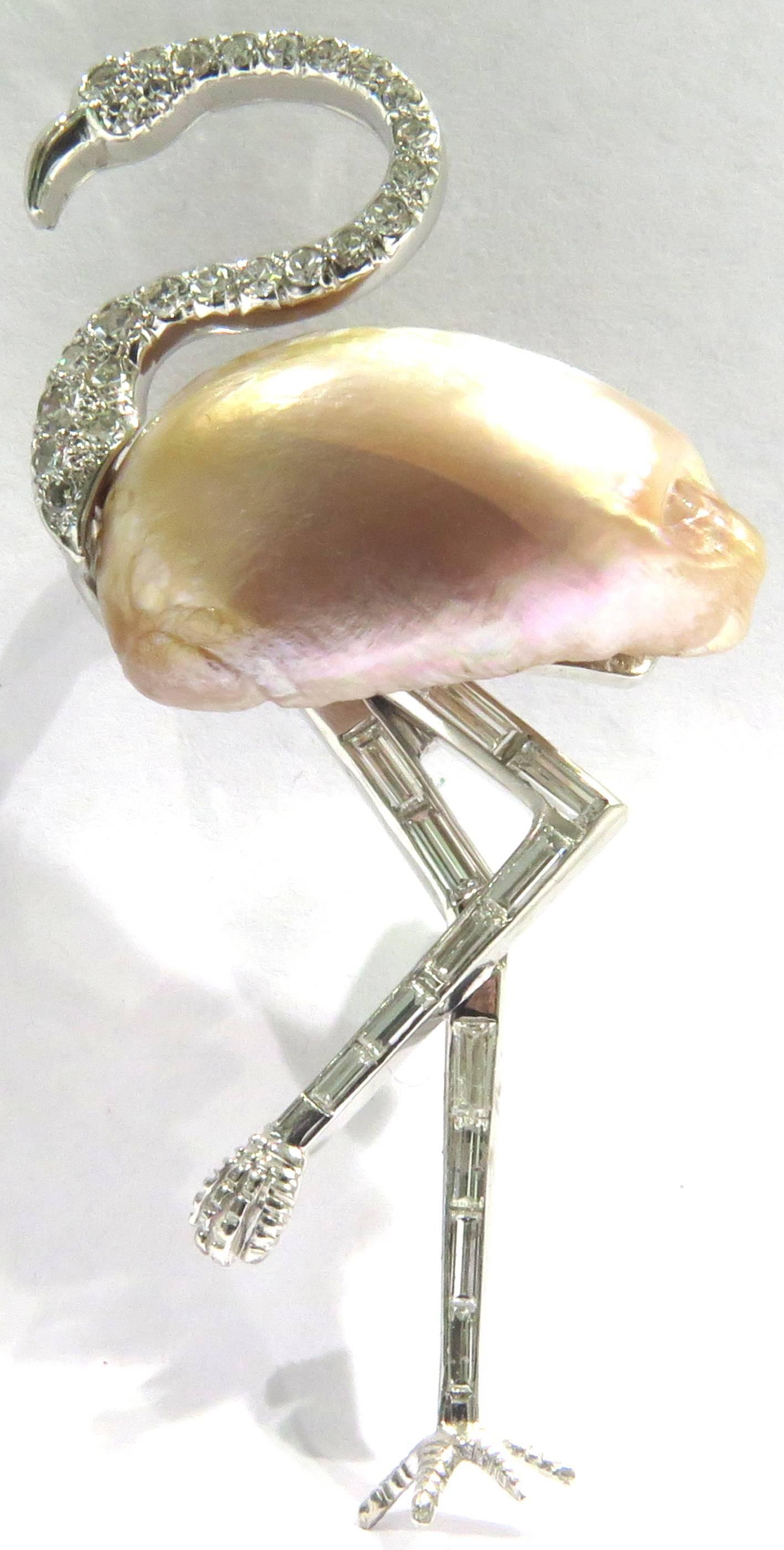 Art Deco Diamond Pearl Platinum Flamingo Brooch Pin In Excellent Condition In Palm Beach, FL