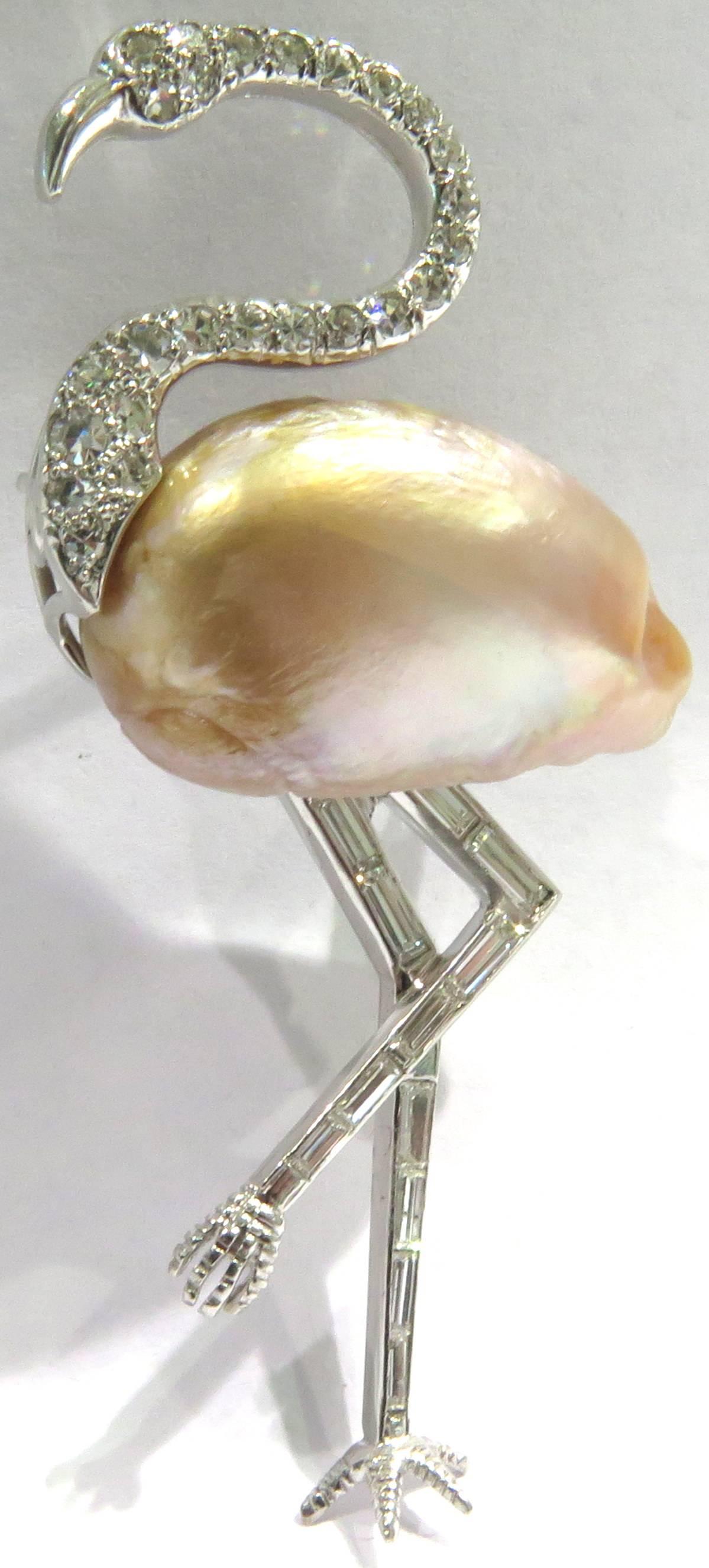 Women's or Men's Art Deco Diamond Pearl Platinum Flamingo Brooch Pin