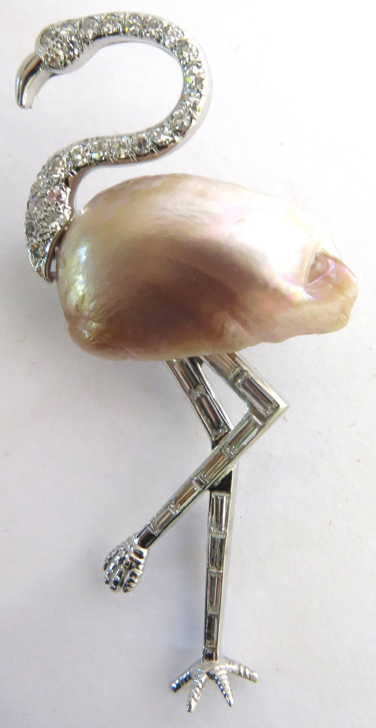 Art Deco Diamond Pearl Platinum Flamingo Brooch Pin 2
