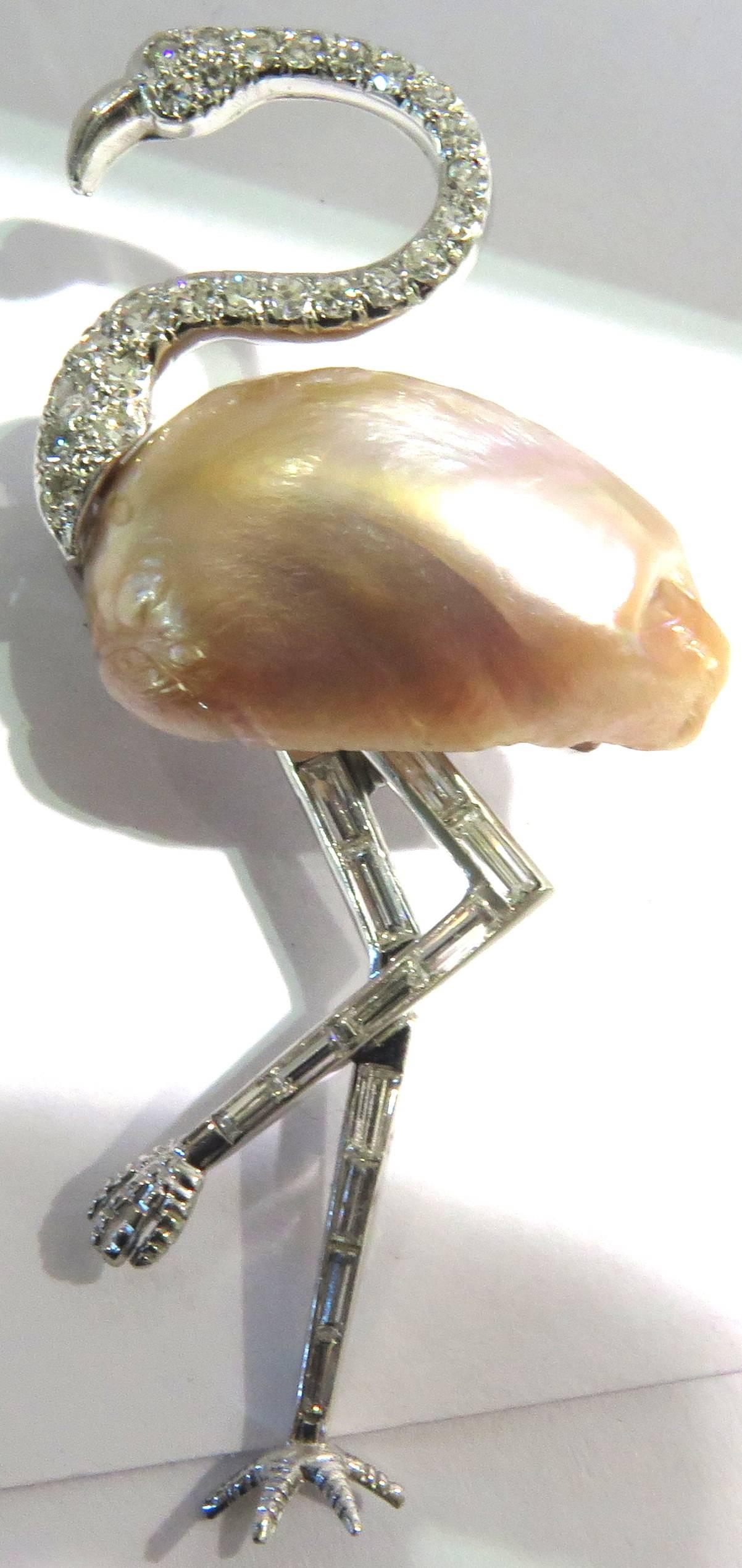 Art Deco Diamond Pearl Platinum Flamingo Brooch Pin 3
