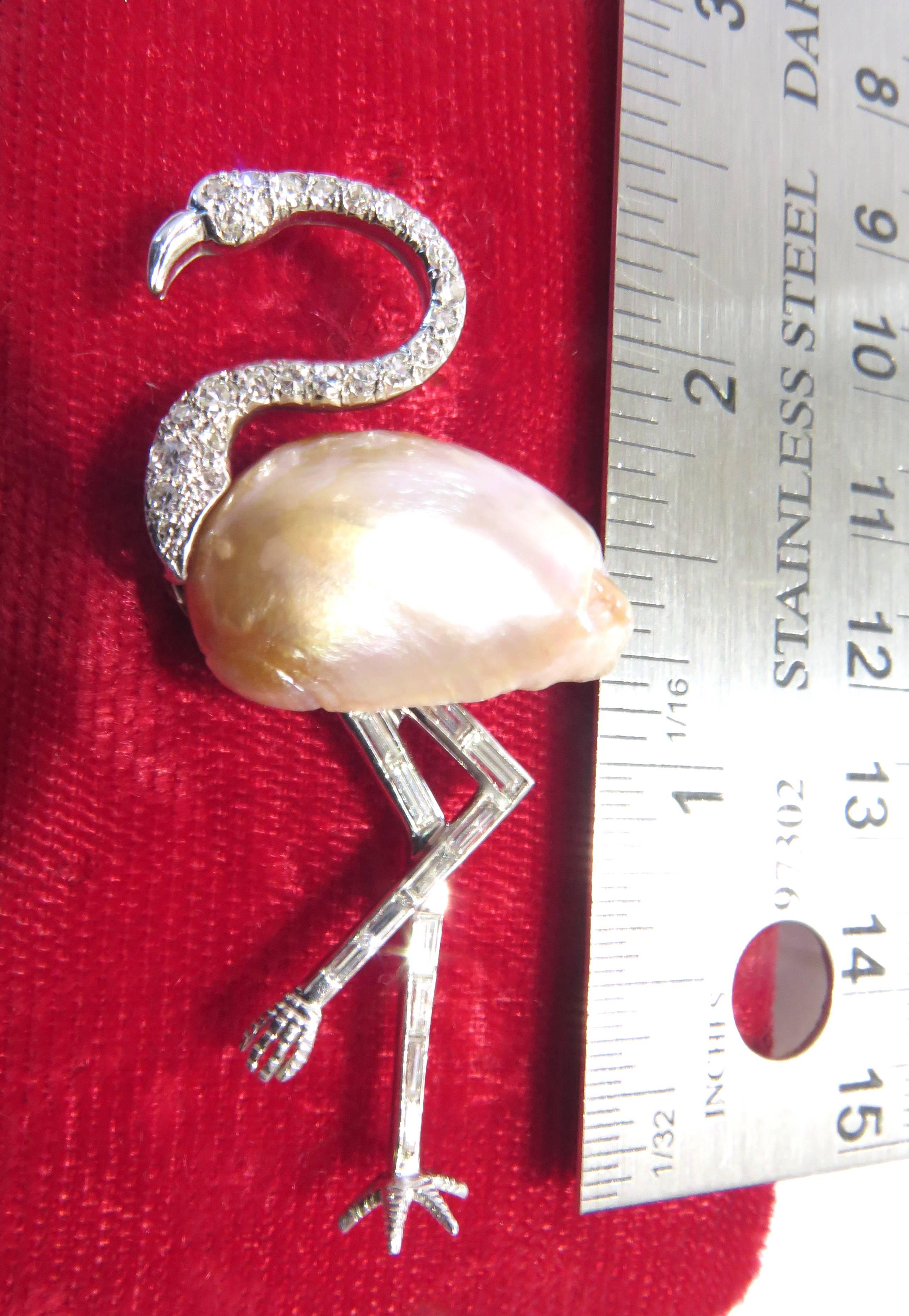 Art Deco Diamond Pearl Platinum Flamingo Brooch Pin 4