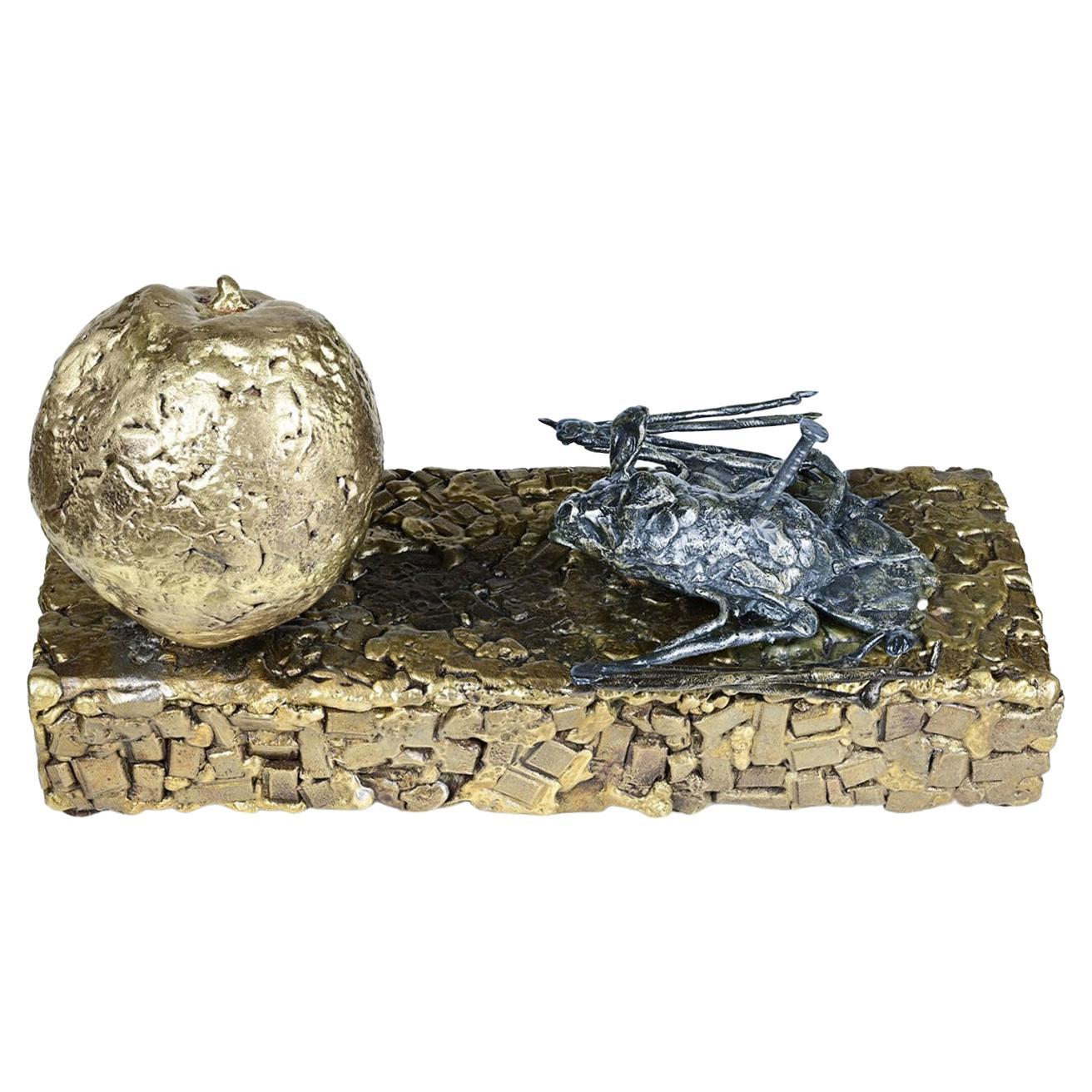 Irrevocable Moment - Nature morte en bronze avec chauve-souris et pomme sur socle en bronze mosaïque