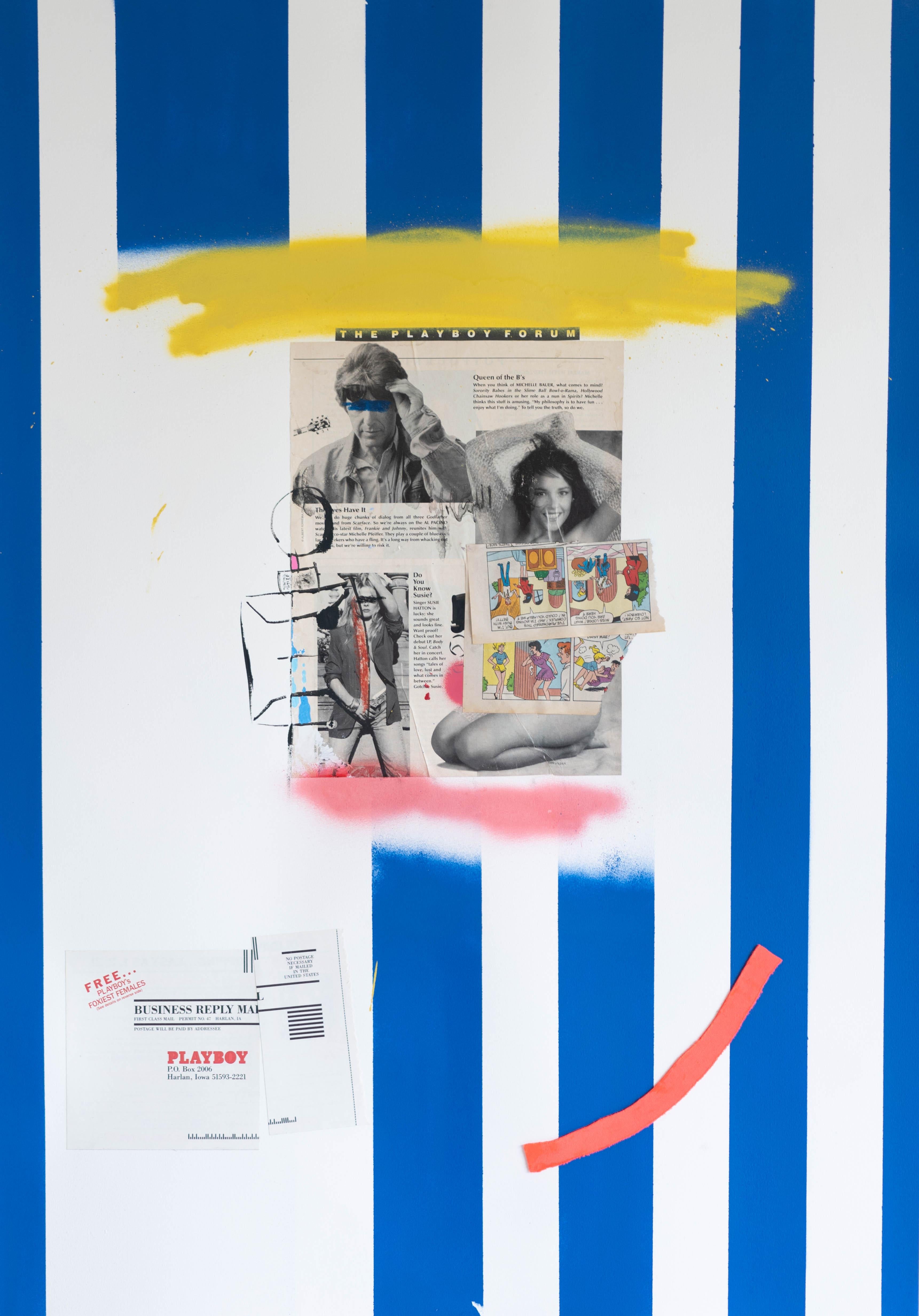 Blue Stripe, Acrylic, oil pastel, aerosol, collage on paper, 60 x 84 cm, 2021