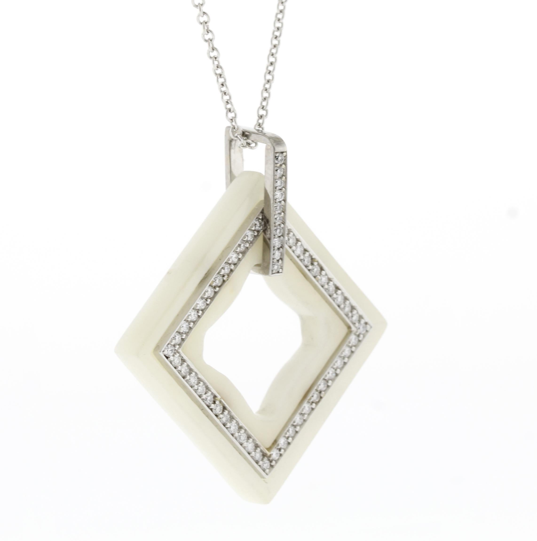 From Irthly by David Alvarado, a Taqua Nut Palm Ivory Diamond Frame Pendant. Palm Ivory is carved from the Taqua nut also know as vegetable ivory. A sustainable nut that resembles animal Ivory that can be sustainably grown and harvested
♦ Designer: