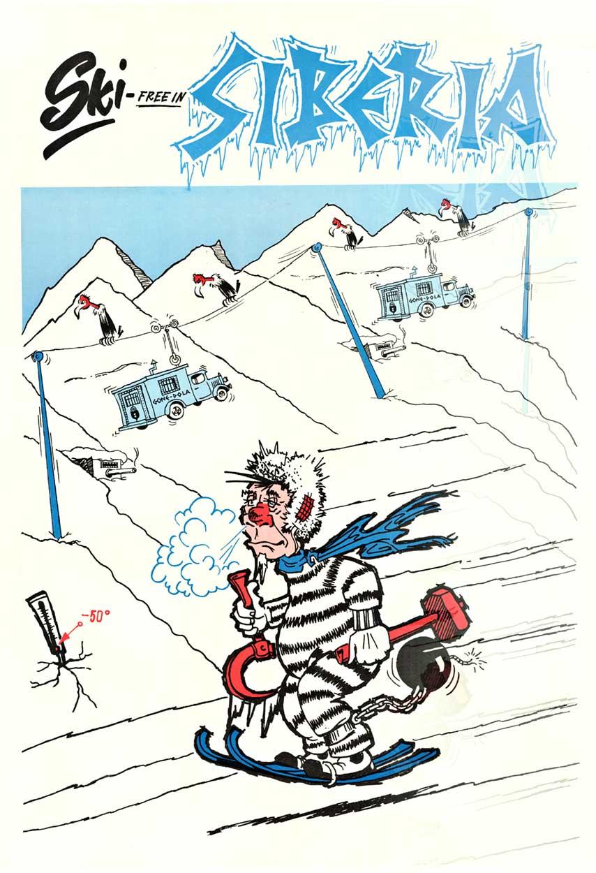Cartel satírico original de los años 60 de Esquí libre en Siberia - Print de Irv Isaacson