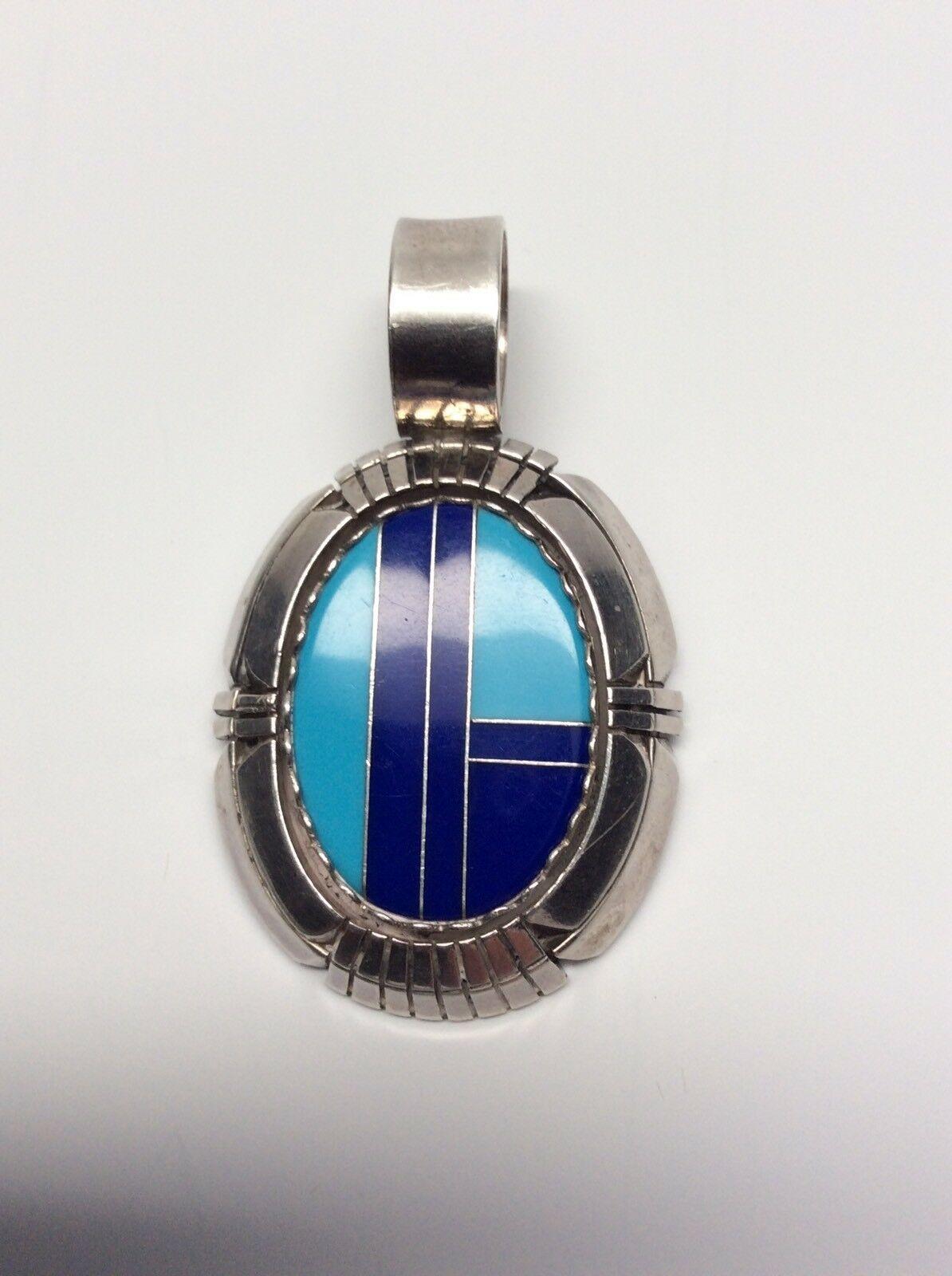 Mixed Cut Irv Monte Navajo Sterling Silver Turquoise Inlay Pendant