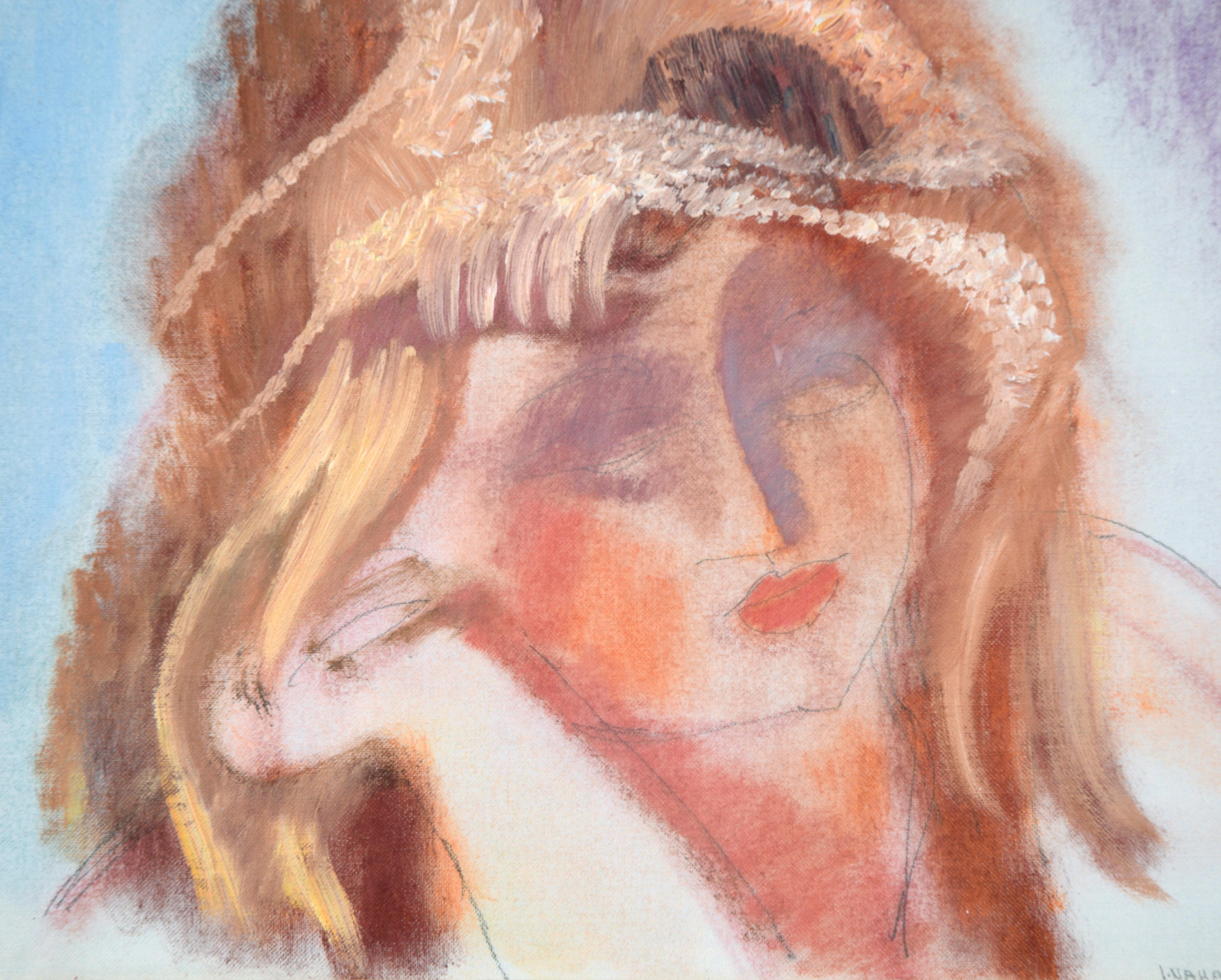 Vintage Expressive Multimedia Portrait of a Woman
Portrait of a Woman by Irvin Nahan (American b. 1927.)
Elegant portrait of a woman looking off into the distance. She has her head turned slightly away from the viewer and her head resting lightly on