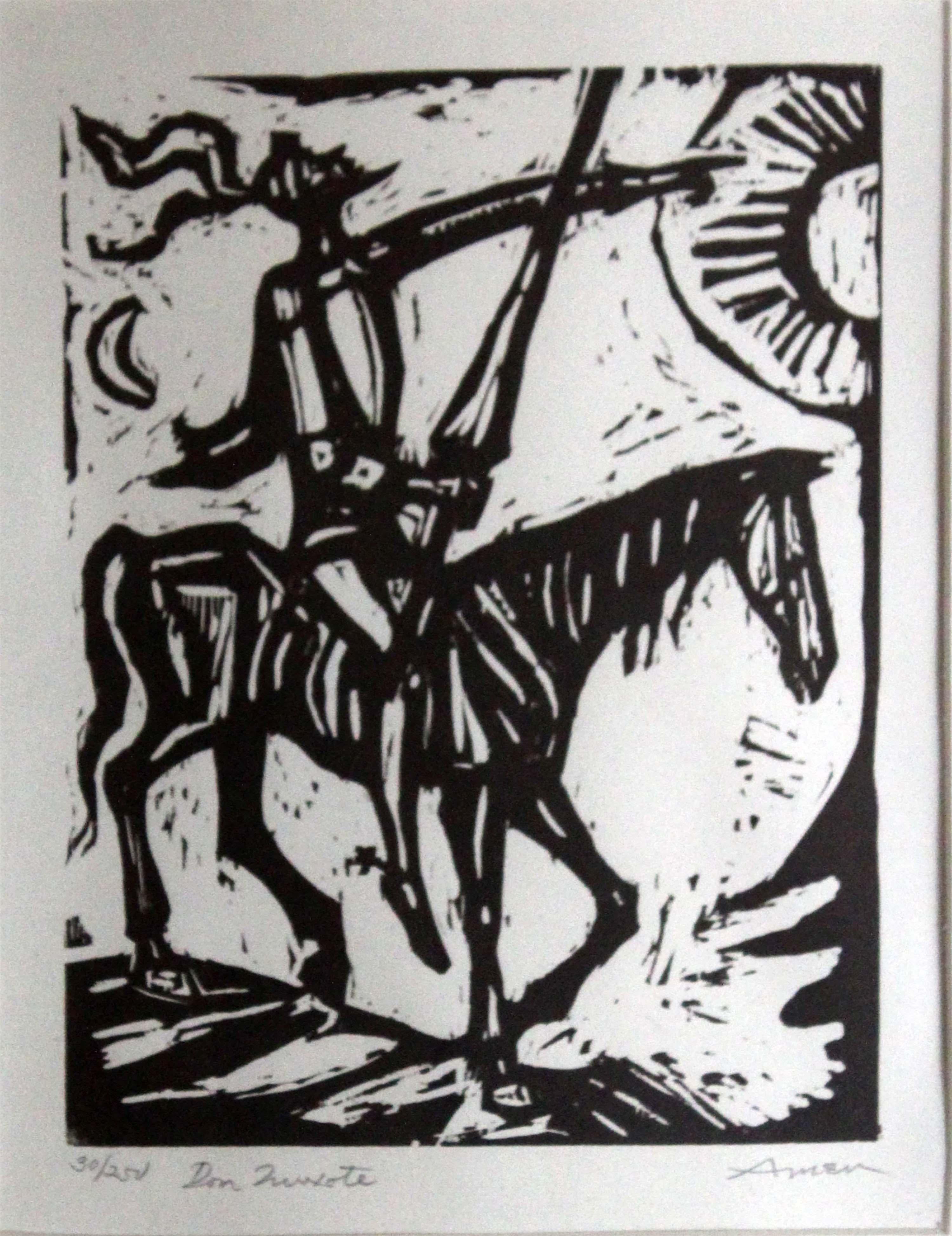 A whimsical woodcut on paper titled Don Quixote by Irving Amen. Signed in pencil on the bottom right with an annotation of 30/250 with title on the bottom left. Dimensions: 13.25