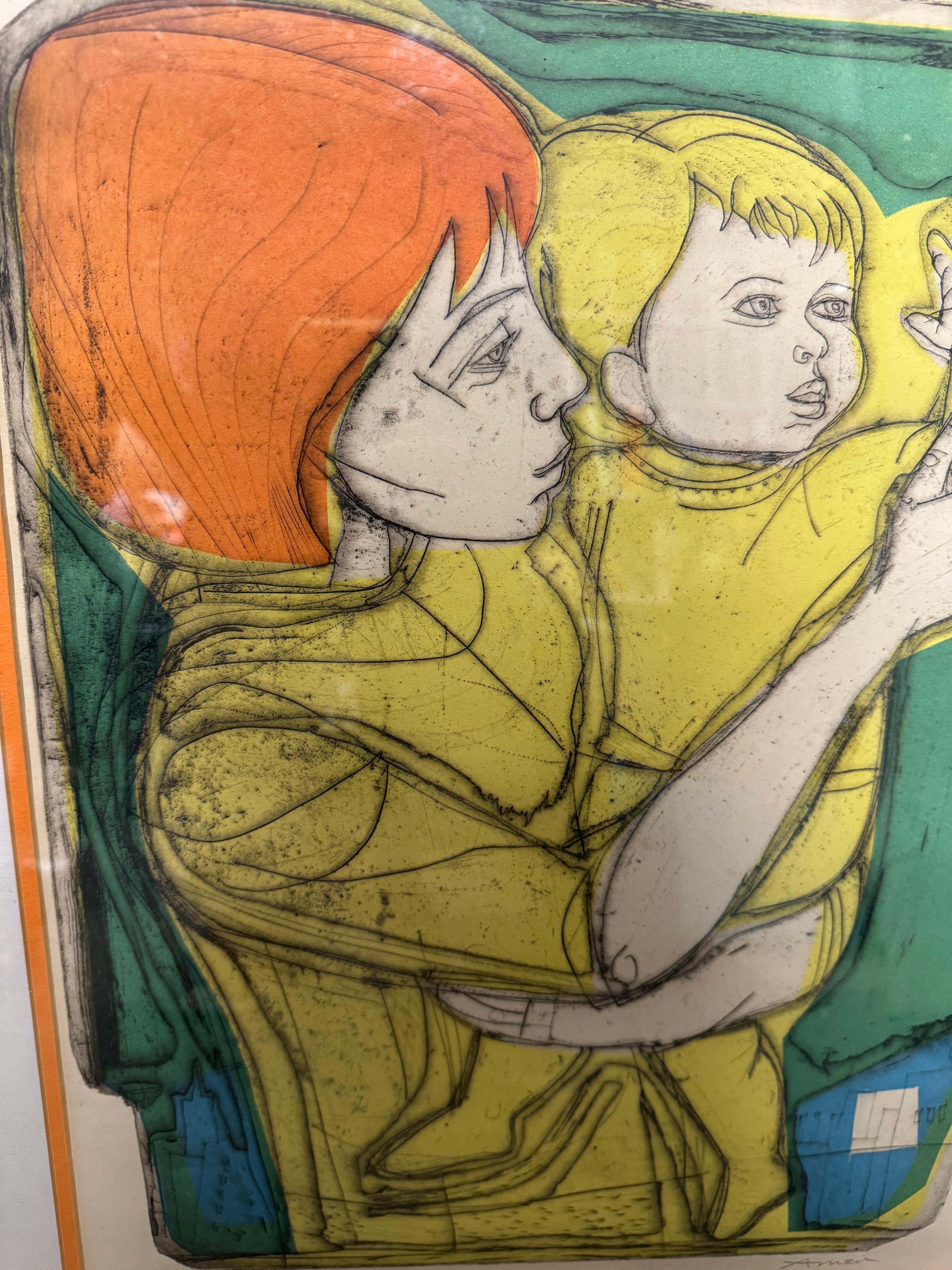 Diese Lithografie stammt von Irving Amen (25. Juli 1918 - 2011).
Diese Radierung zeigt eine Mutter mit Kind und das Kind, das zu einem Punkt der Erkenntnis kommt. Die Farben sind leuchtend und der Zustand ist gut.

Rahmengröße ist 26 