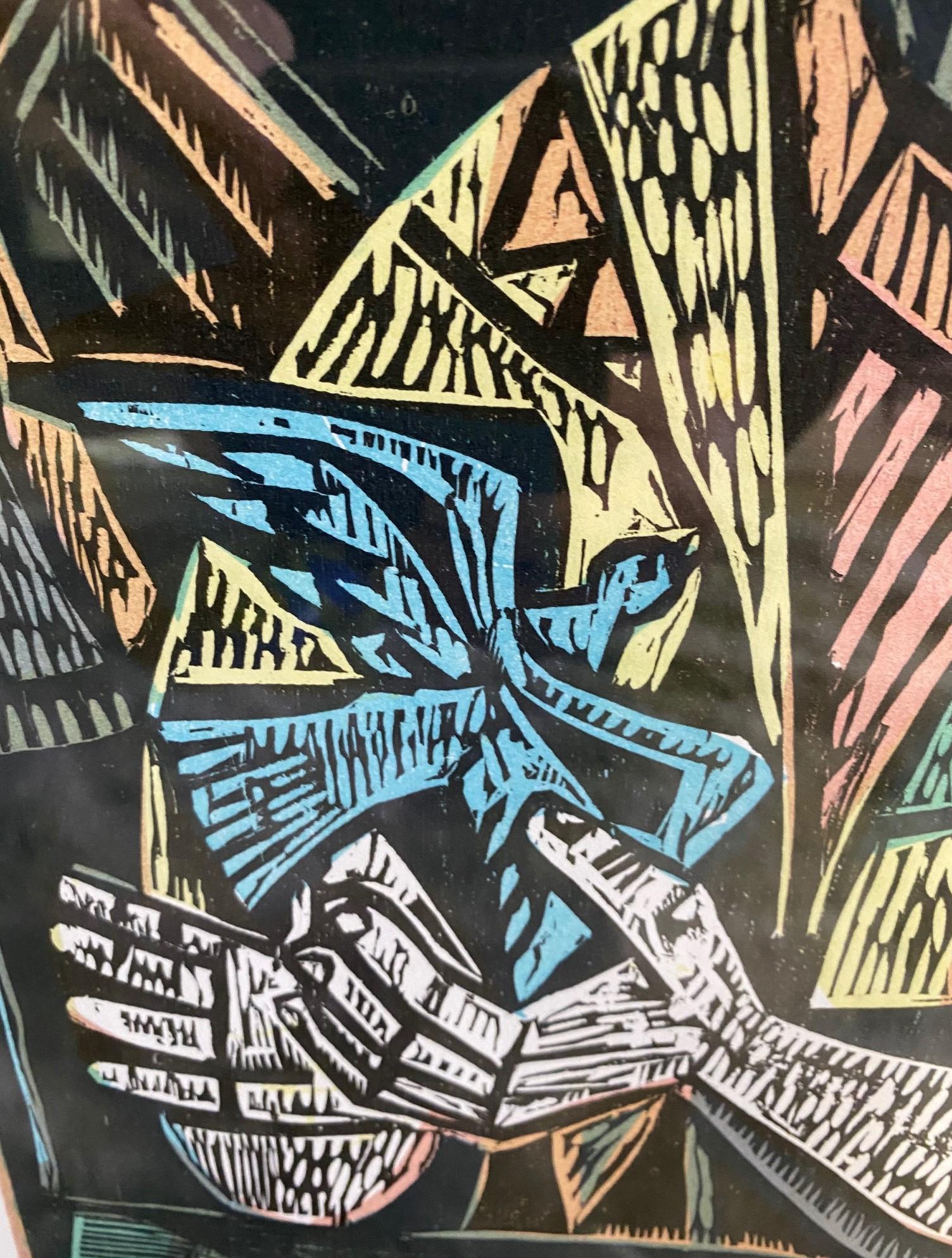 Late 20th Century Irving Amen Jewish Artist Signed Mid-Century Modern Woodcut Print Blue Bird