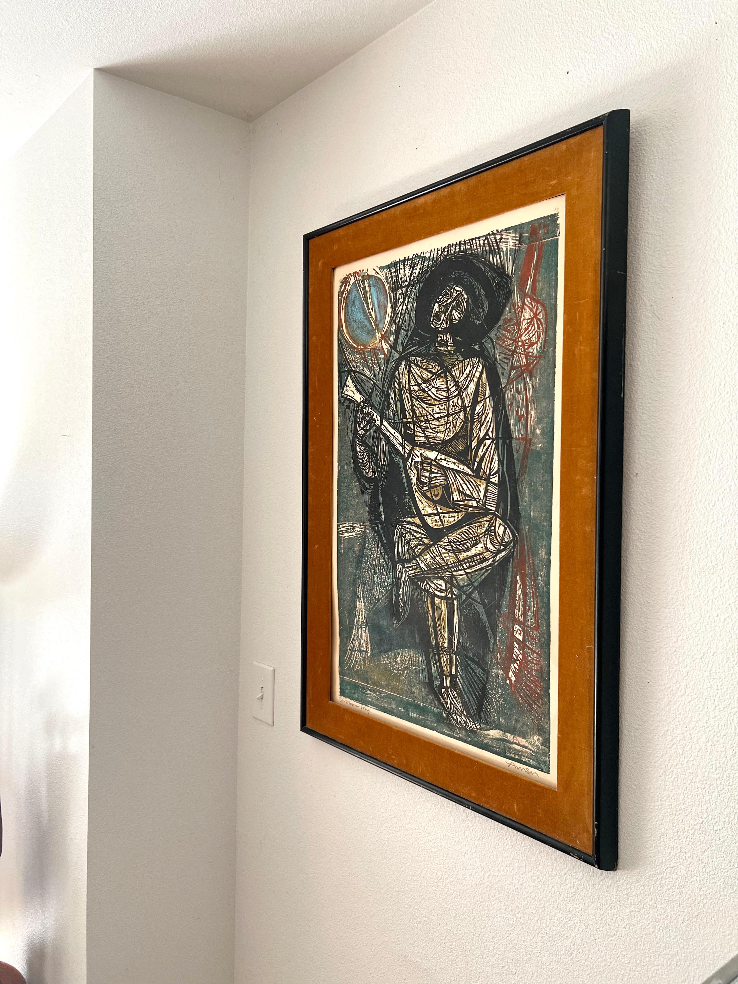Mid-Century Modern Irving Amen Moon-Song original woodcut signed artwork