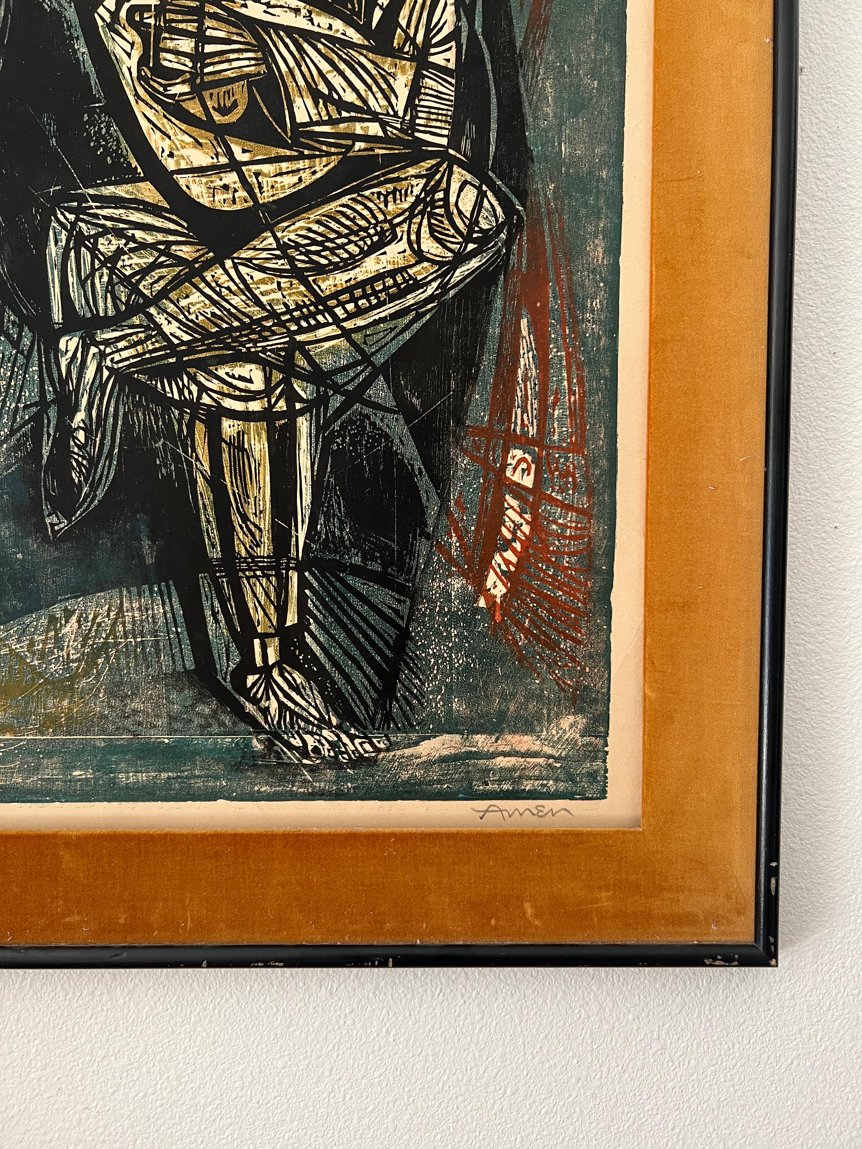 Irving Amen Moon-Song original woodcut signed artwork In Good Condition In Portland, OR