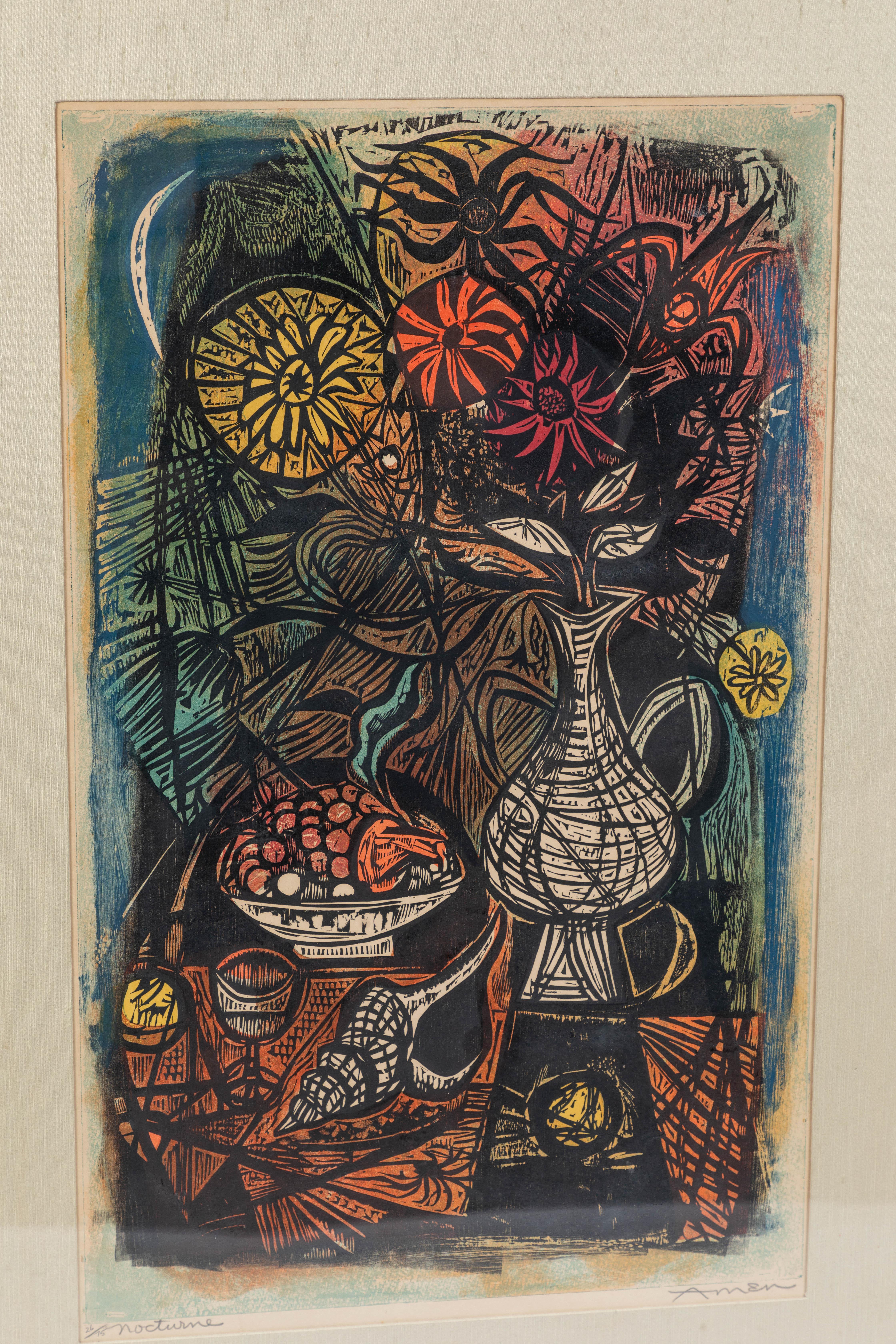 Midcentury colored woodcut print by noted American artist Irving Amen (1919-2011) titled “Nocturne”, signed and numbered, 26/75. Newly framed.

Irving Amen was a painter, printmaker and sculptor.

Born in New York City in 1918, he began drawing
