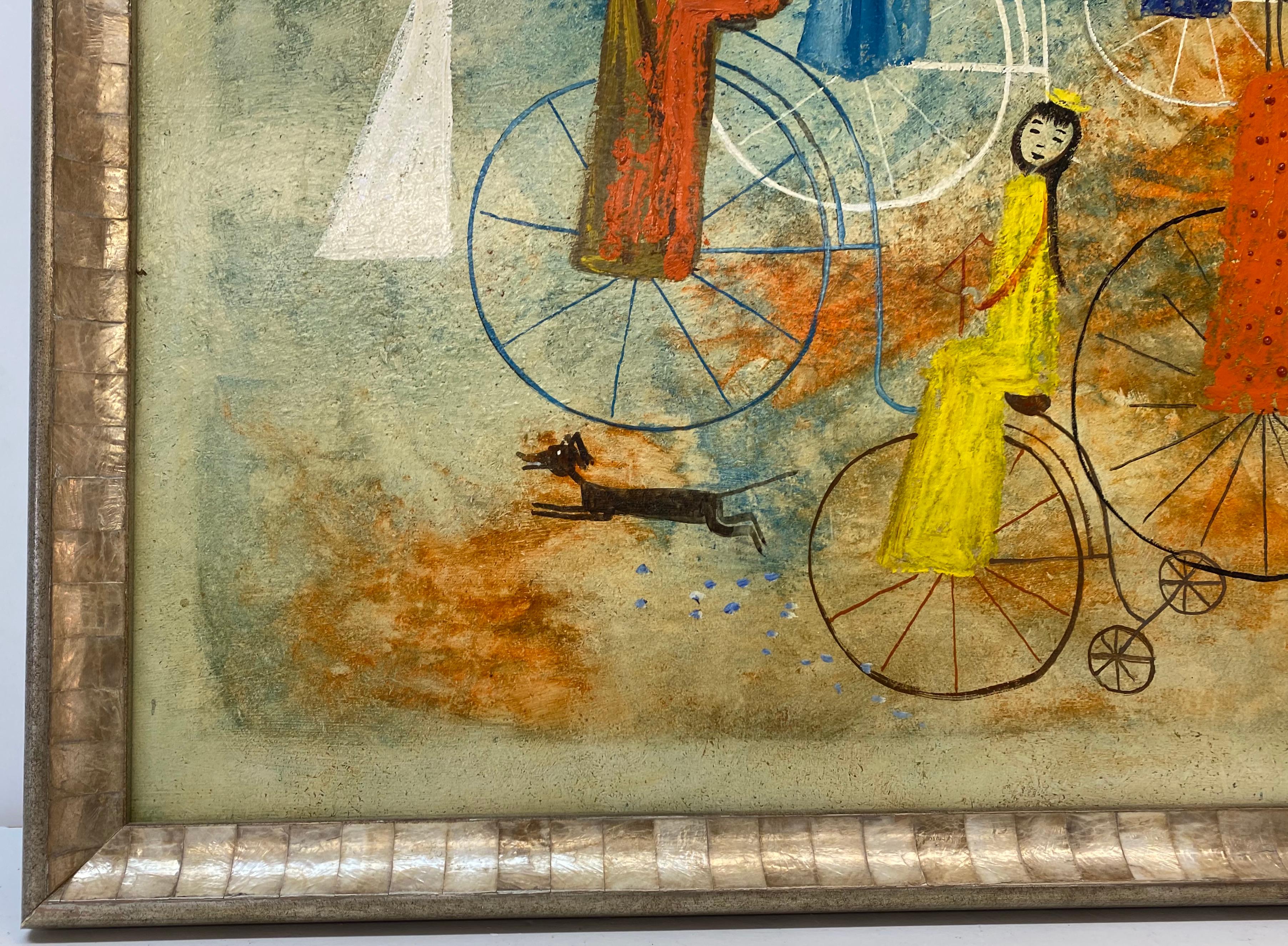 Irving Amen Girls Bicycle Parade Original Oil Painting c.1960s 1