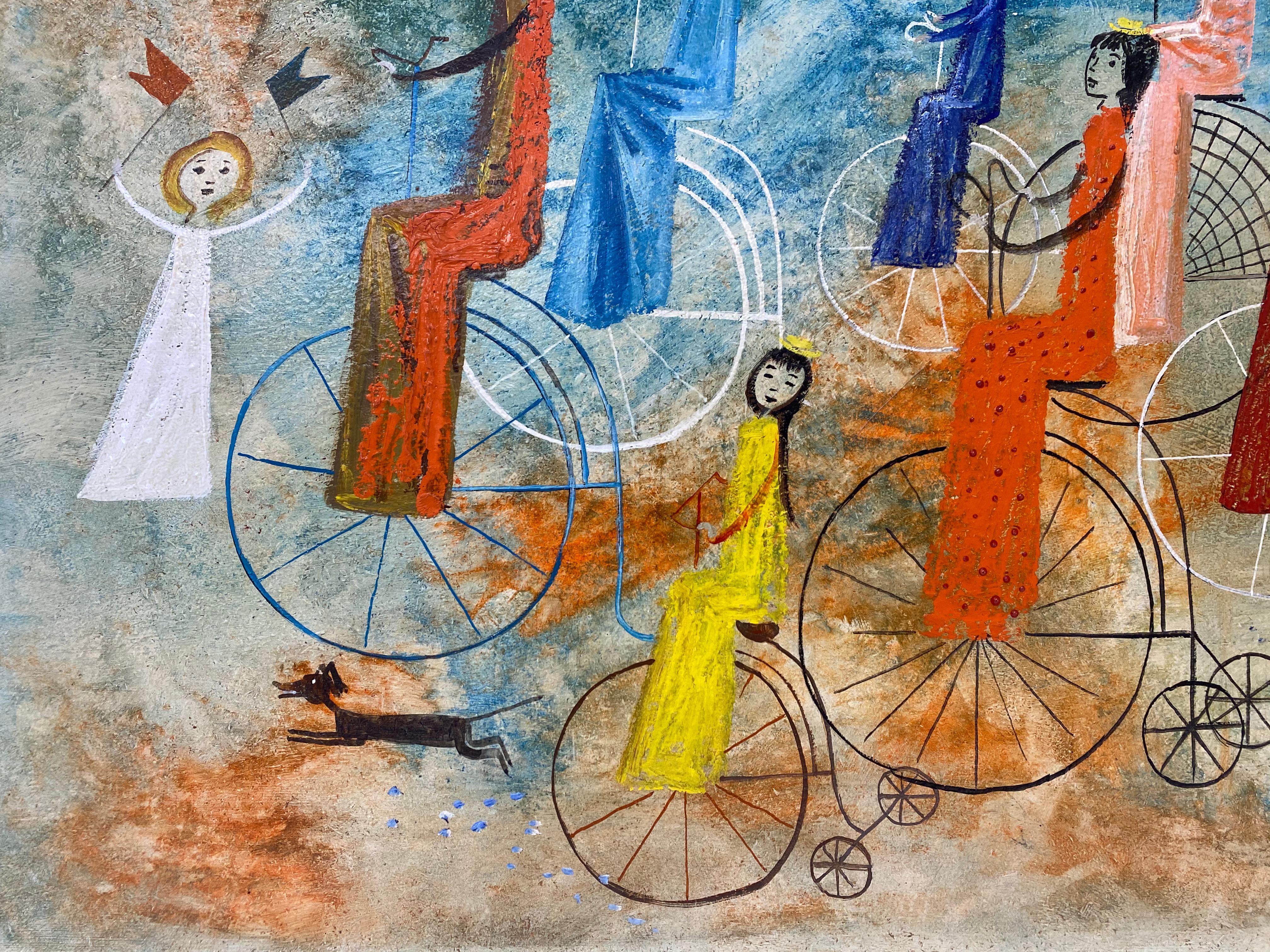 Irving Amen Girls Bicycle Parade Original Oil Painting c.1960s 2
