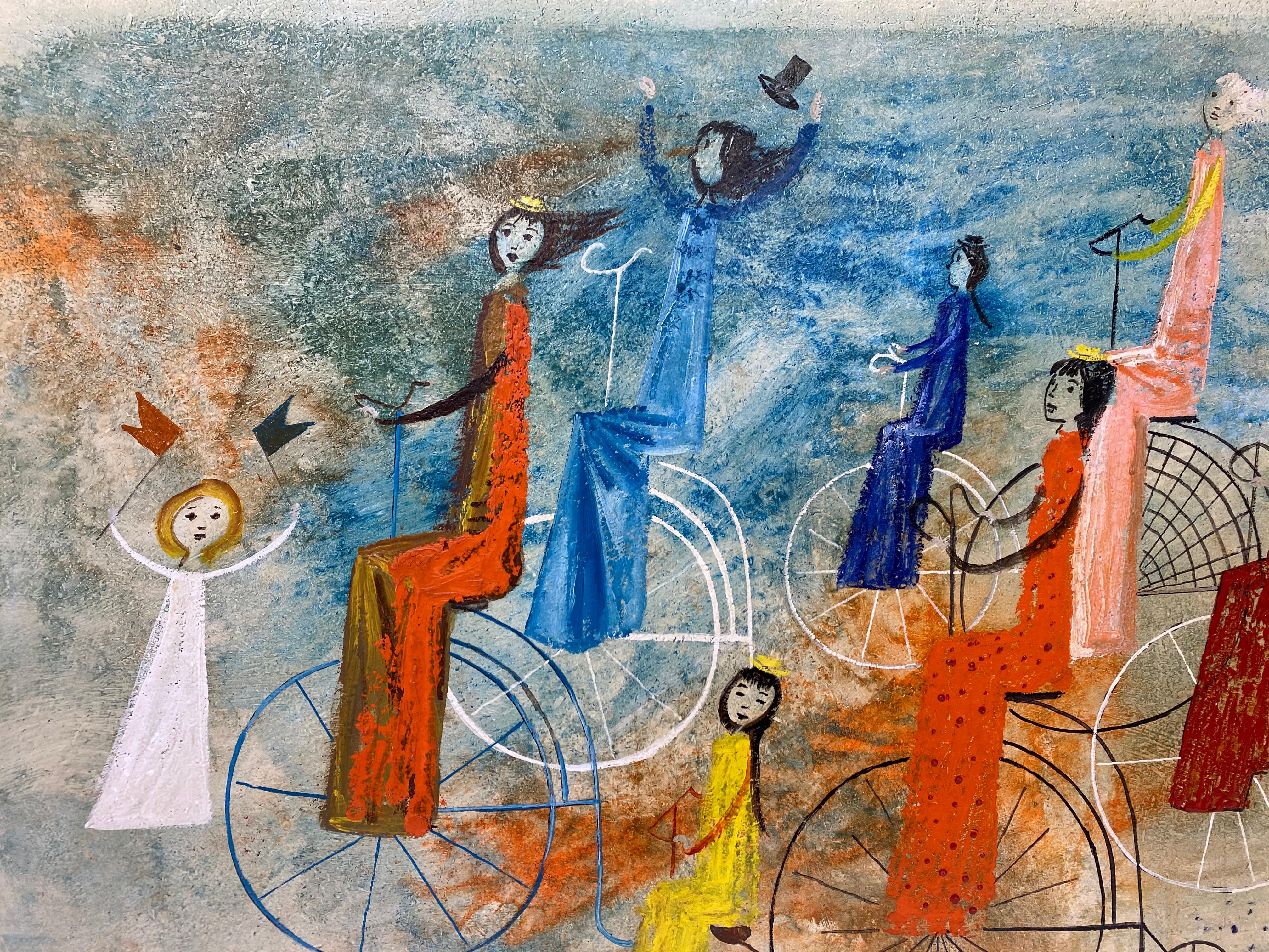 Irving Amen Girls Bicycle Parade Original Oil Painting c.1960s 3