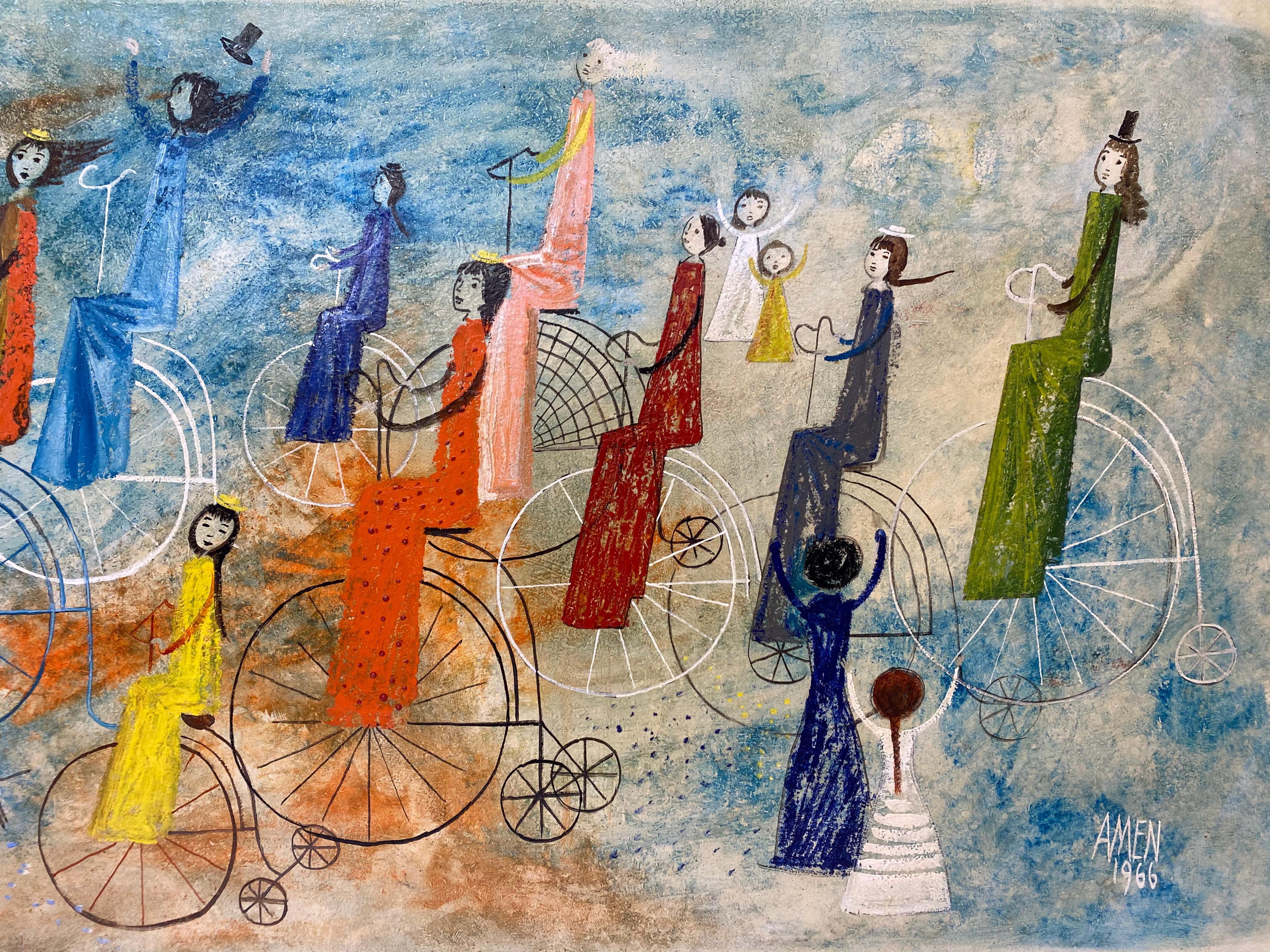 Irving Amen Girls Bicycle Parade Original Oil Painting c.1960s 4