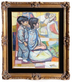 Vintage Kneeling Mother and Son, Framed Painting by Irving Amen