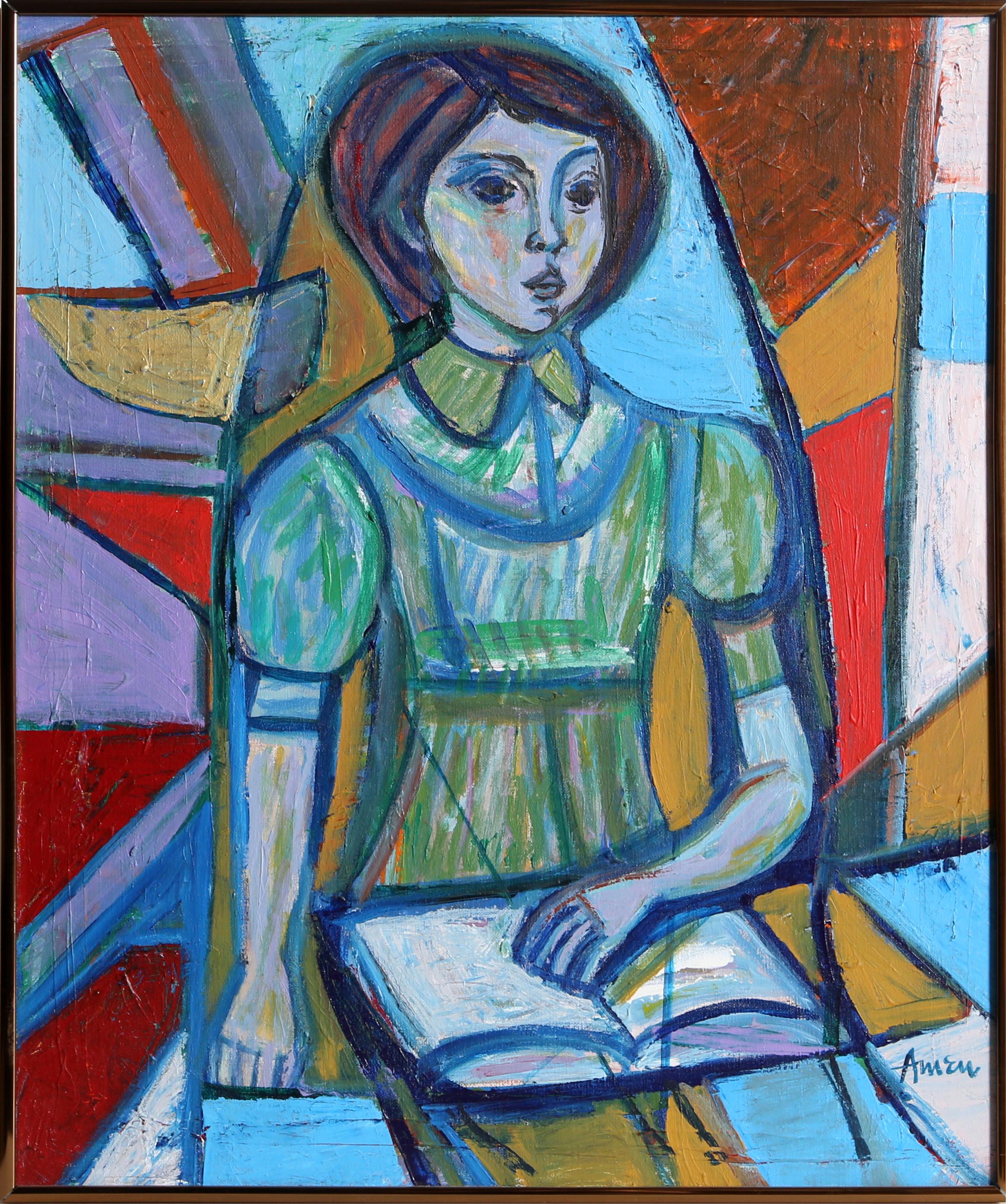 Artista: Irving Amen, estadounidense (1918 - 2011)
Título: Chica lectora
Año: hacia 1970
Medio:	Óleo sobre lienzo, firmado a la derecha.
Tamaño: 60,96 x 50,8 cm (24 x 20 pulg.)