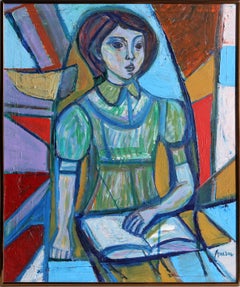 Retro Reading Girl, Framed Painting by Irving Amen