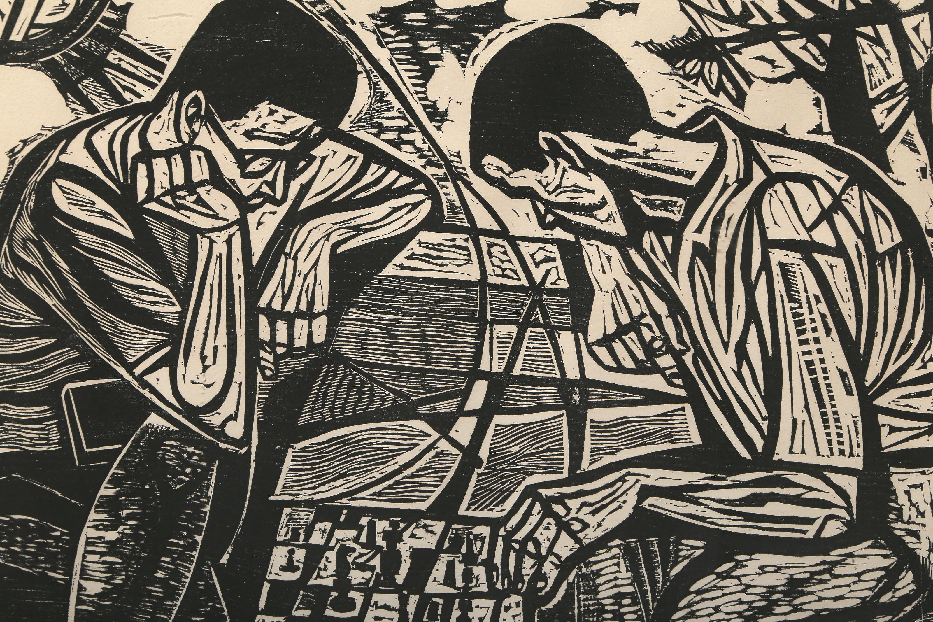Chess Duel, Framed Modern Woodcut by Irving Amen For Sale 1