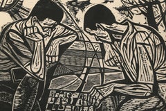 Chess Duel, Framed Modern Woodcut by Irving Amen