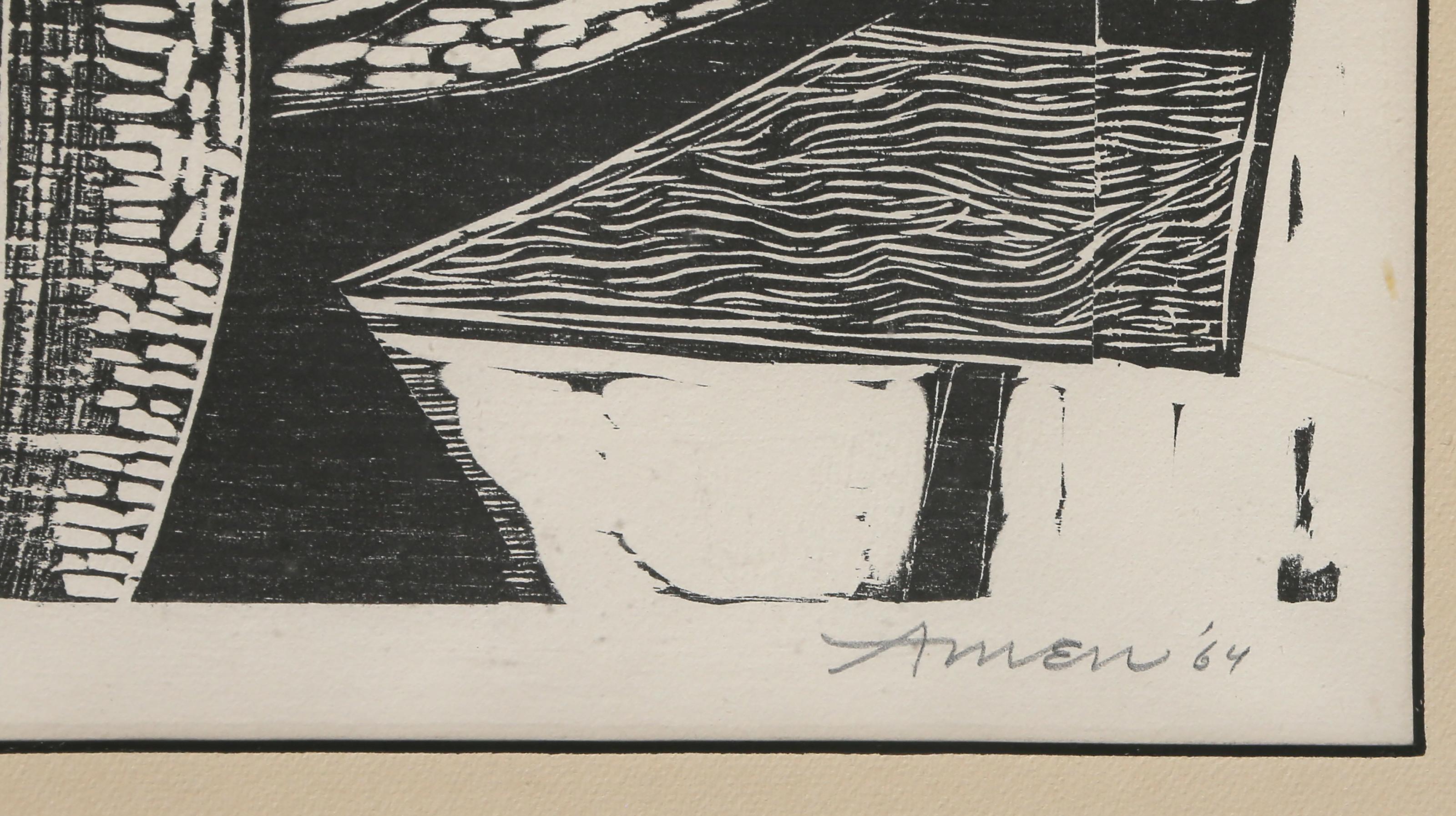 Chess Duel, Framed Modern Woodcut by Irving Amen For Sale 2