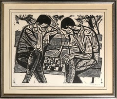Chess Duel, Framed Modern Woodcut by Irving Amen