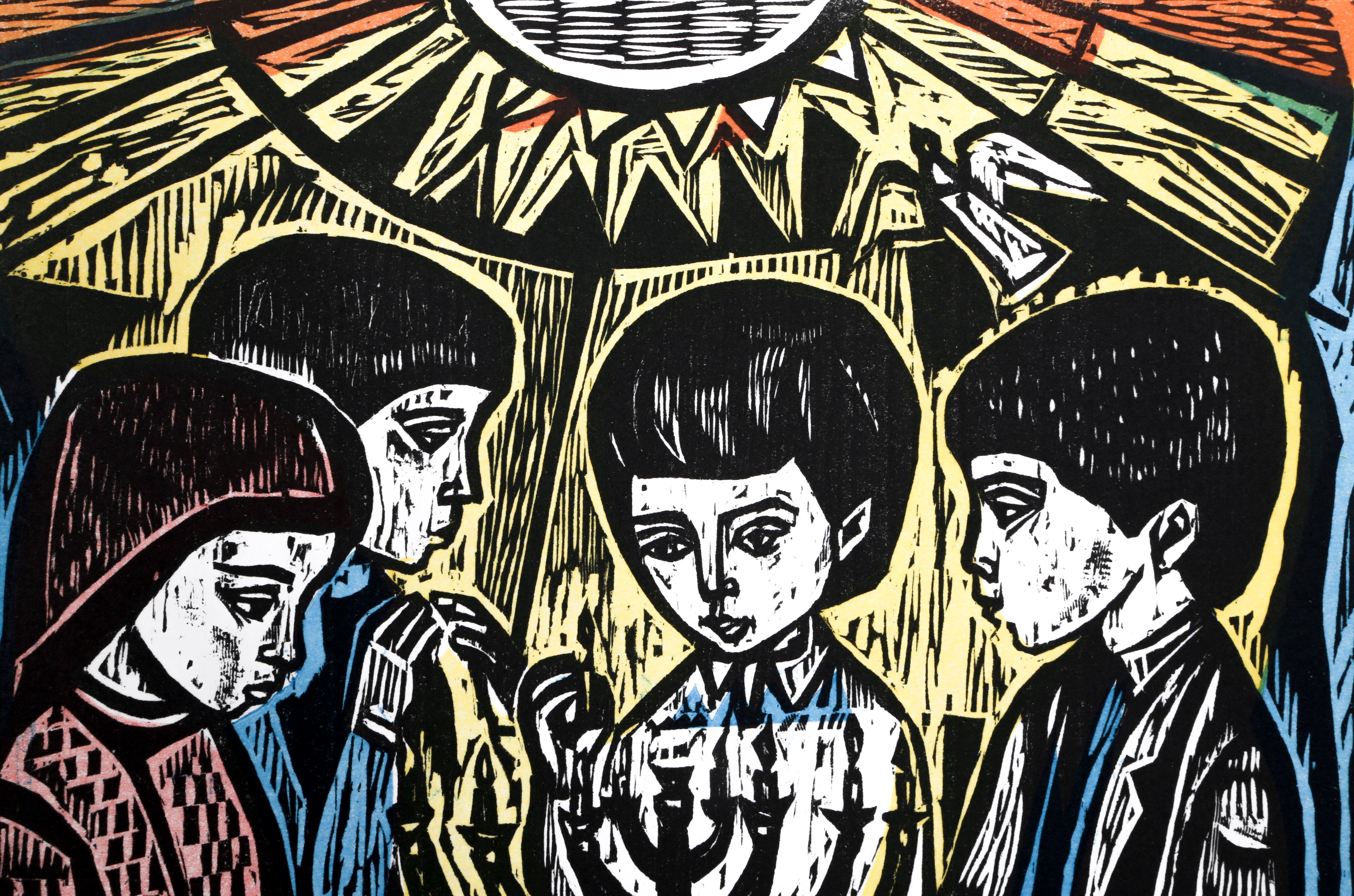 Festa delle luci, stampa xilografica di Irving Amen in vendita 1
