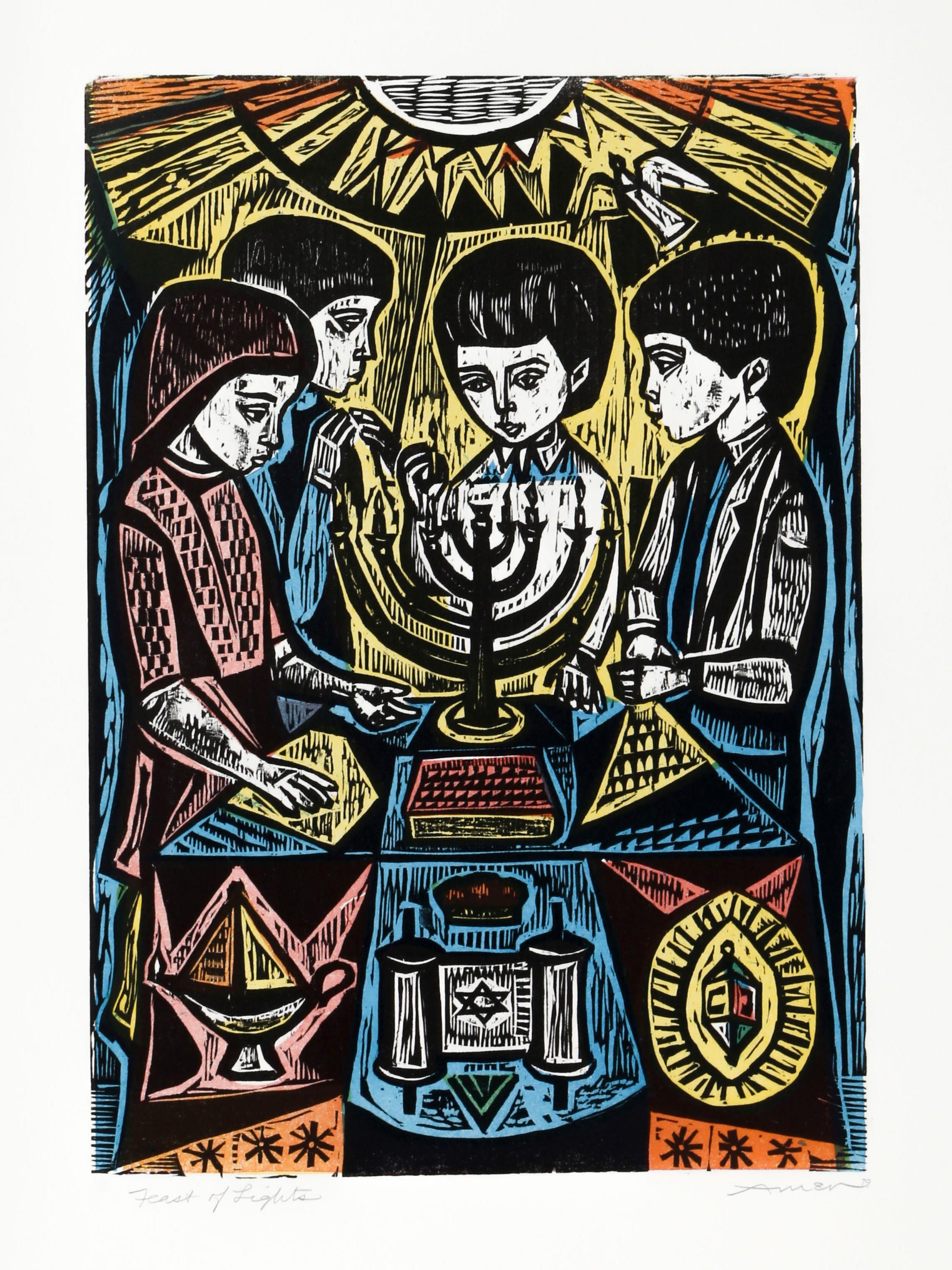This tri-tone woodcut depicts children gathered around a menorah for Hannukah, the Jewish Festival of Lights. As it appears that all of the candles are lit, it is likely that this eighth and final night of the festival. Around them, other Judaica