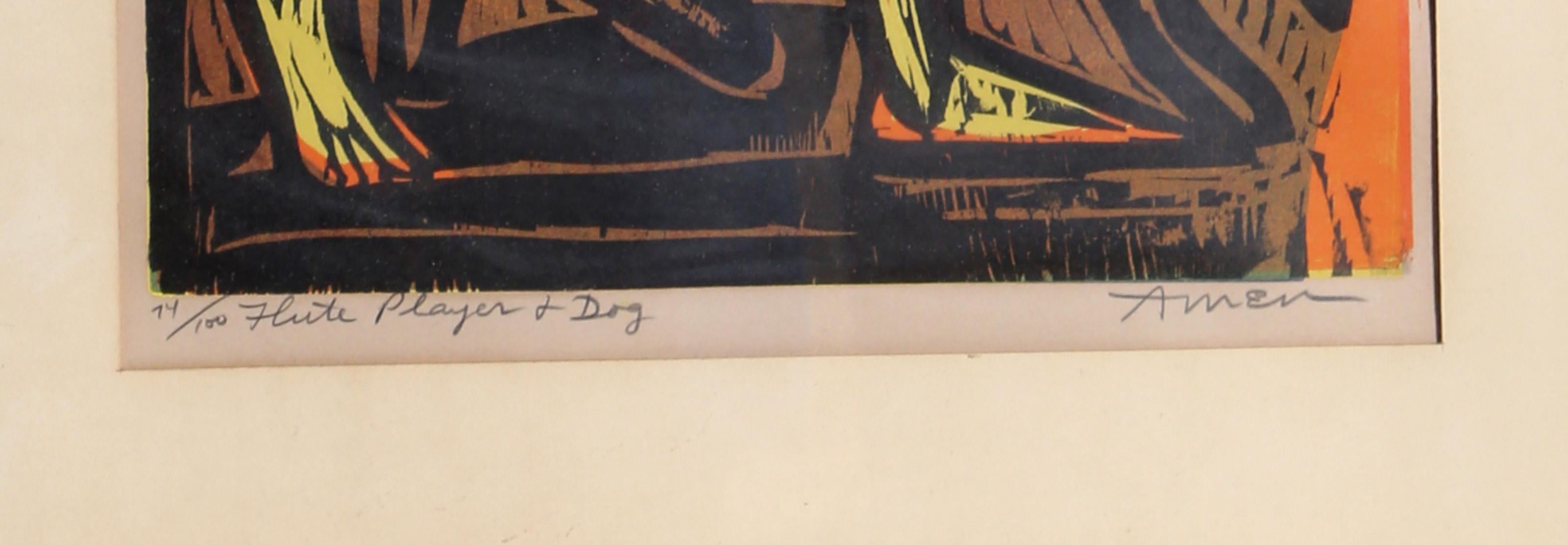 Flute Player and Dog, Modern Woodblock by Irving Amen For Sale 2