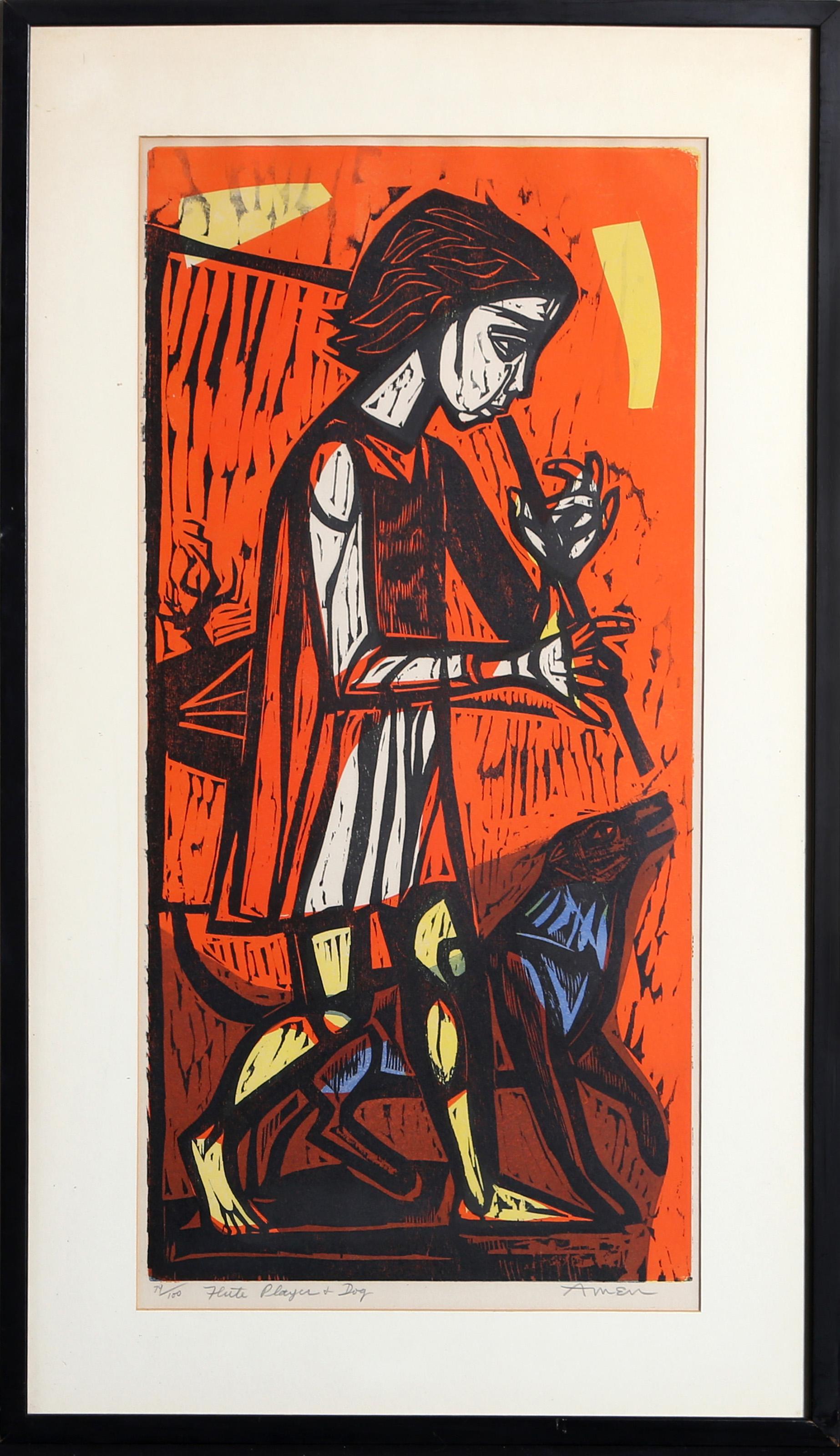 Irving Amen, American (1918 - 2011) - Flute Player and Dog, Year:  circa 1965, Medium:  Woodblock, signed and numbered in pencil, Edition:  74/100, Image Size:  29 x 14 inches, Size:  34 x 18 in. (86.36 x 45.72 cm), Frame Size:  37.5 x 21.5 inches