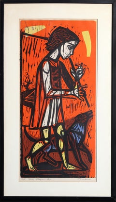 Flute Player and Dog, Modern Woodblock by Irving Amen