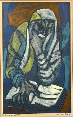 Irving Amen " Prophet" Hand-Signed & Numbered Color Woodcut Print Circa 1964