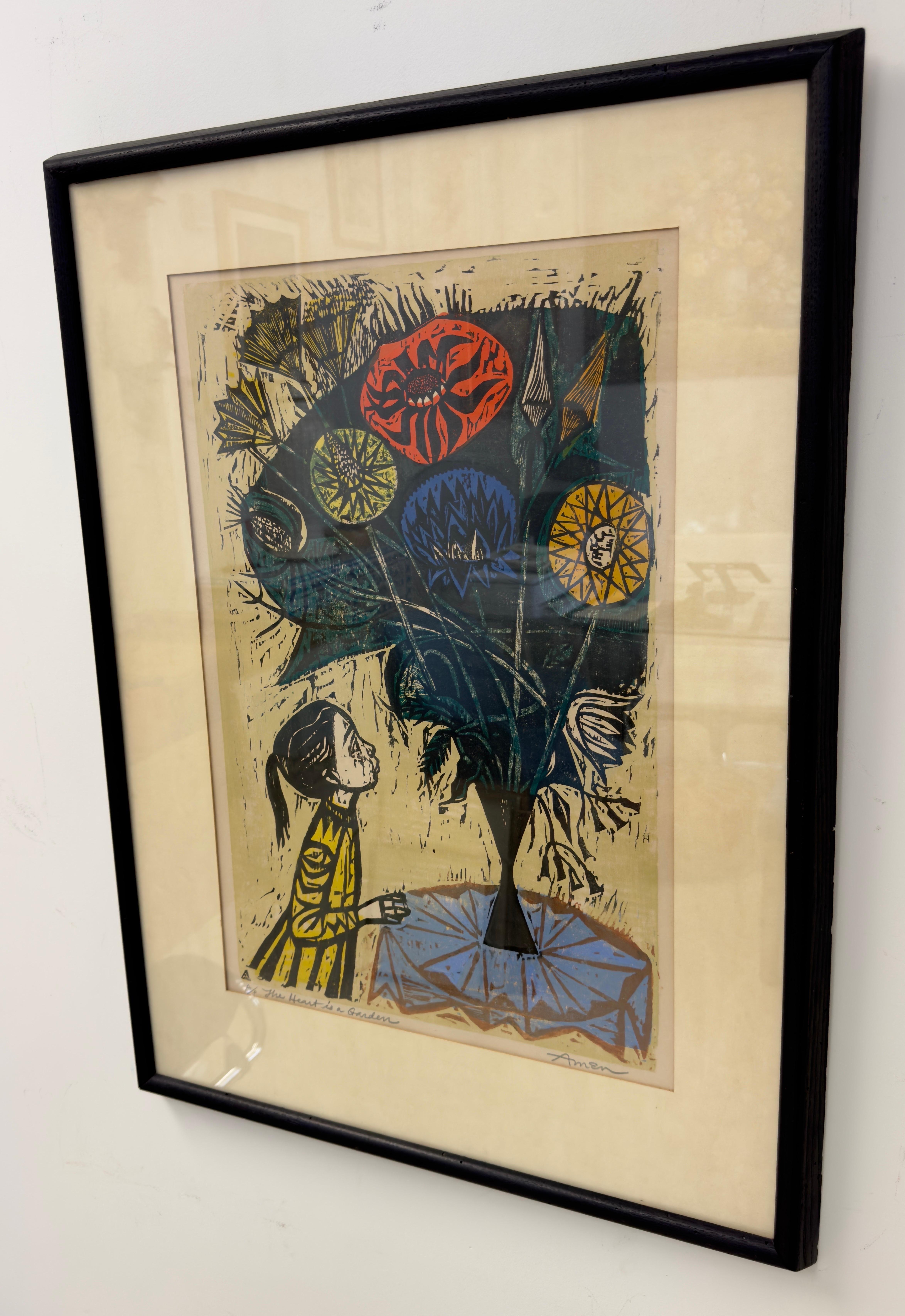 Irving Amen, The Heart is a Garden, Signed  A/P & Framed Woodblock Print  For Sale 2