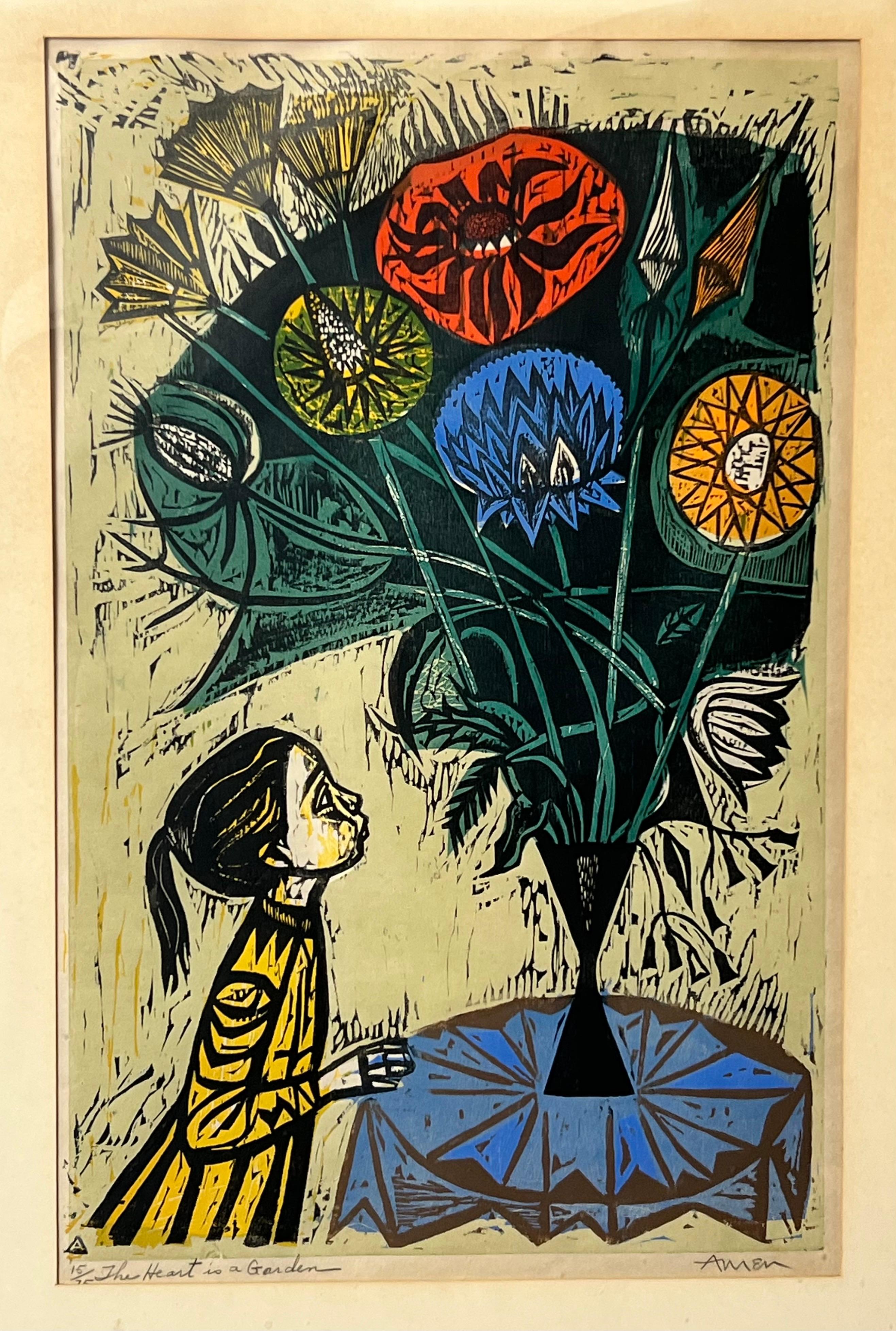 Irving Amen, The Heart is a Garden, Signed & Numbered Color Woodcut Print For Sale 1