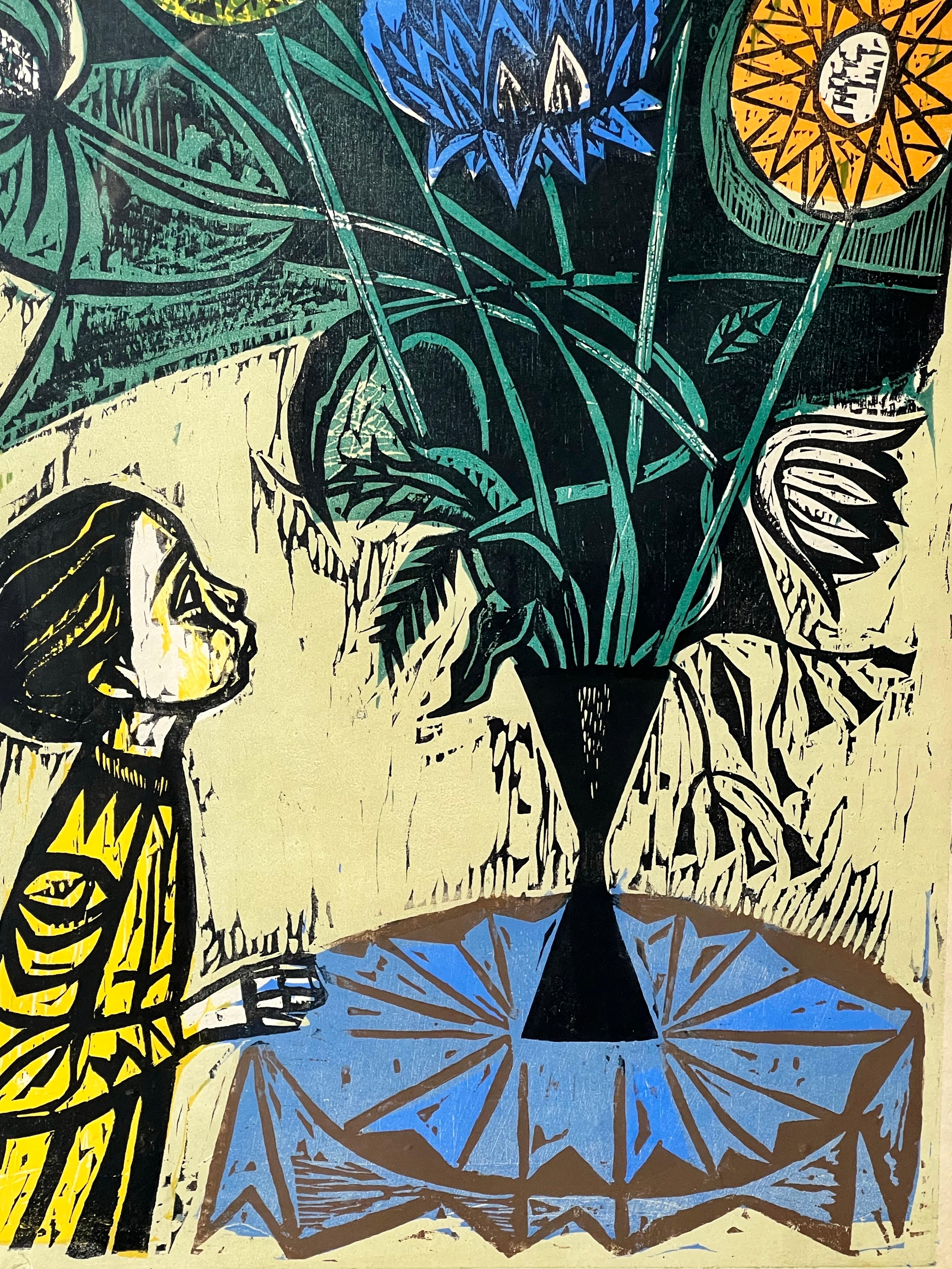 Irving Amen, The Heart is a Garden, Signed & Numbered Color Woodcut Print For Sale 2