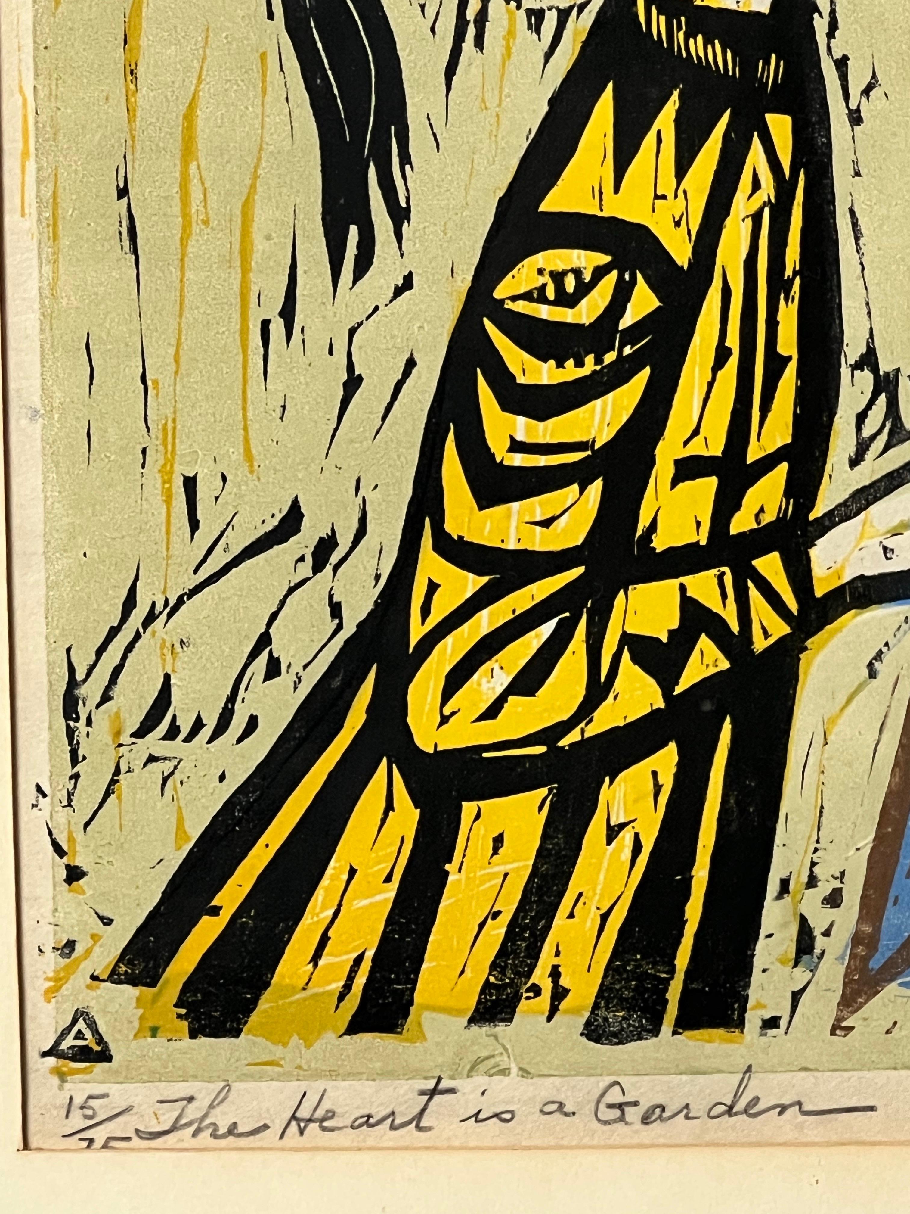 Irving Amen, The Heart is a Garden, Signed & Numbered Color Woodcut Print For Sale 3