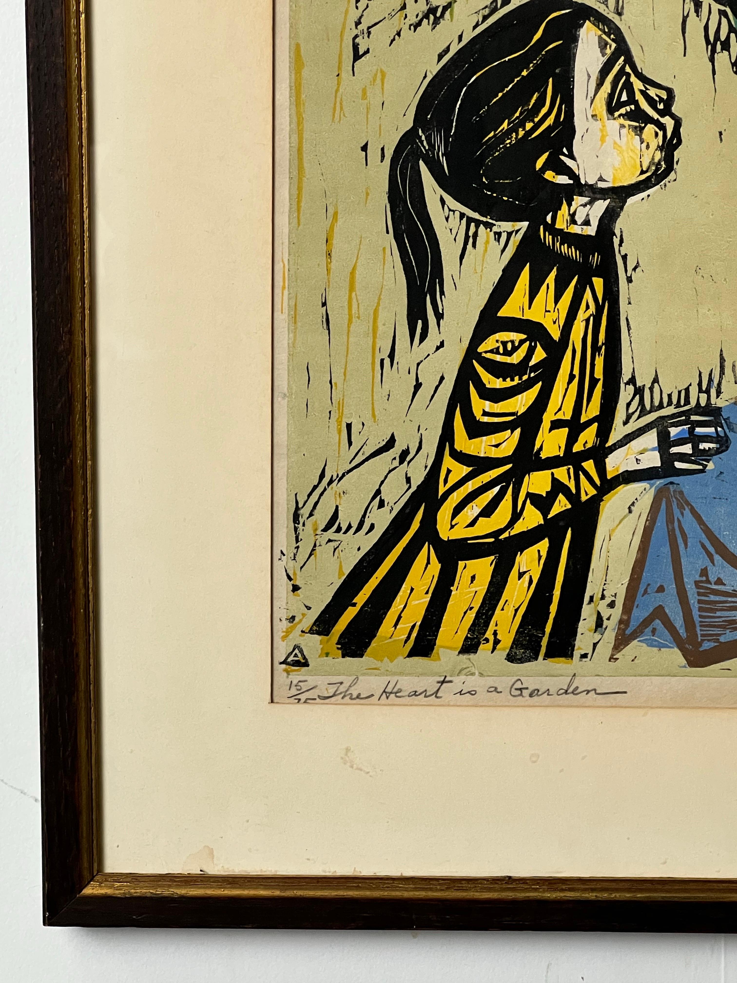 Irving Amen, The Heart is a Garden, Signed & Numbered Color Woodcut Print For Sale 4