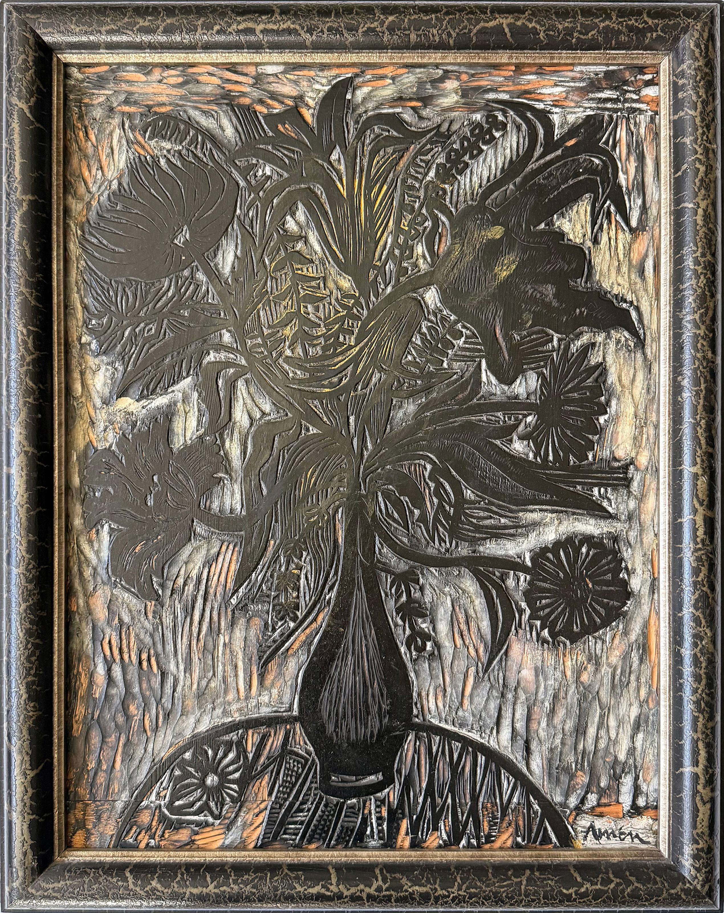 Irving Amen, Américain (1918 - 2011) - Sans titre, Année :  circa 1970s, Medium :  Plaque de bois, signée, Taille :  21 x 15.75 in. (53.34 x 40.01 cm), Taille du cadre :  24 x 19.25 pouces