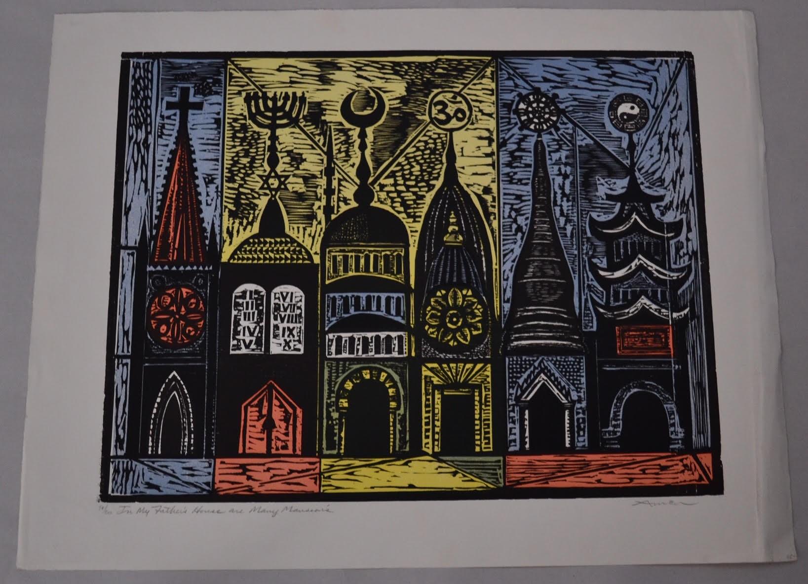 A wonderfully designed, very sought after woodcut image by New York City/ American born Jewish artist Irving Amen. 

Pencil signed, titled (In My Father's House Are Many Mansions) and numbered (98/200) by the artist. 

There is also a black and