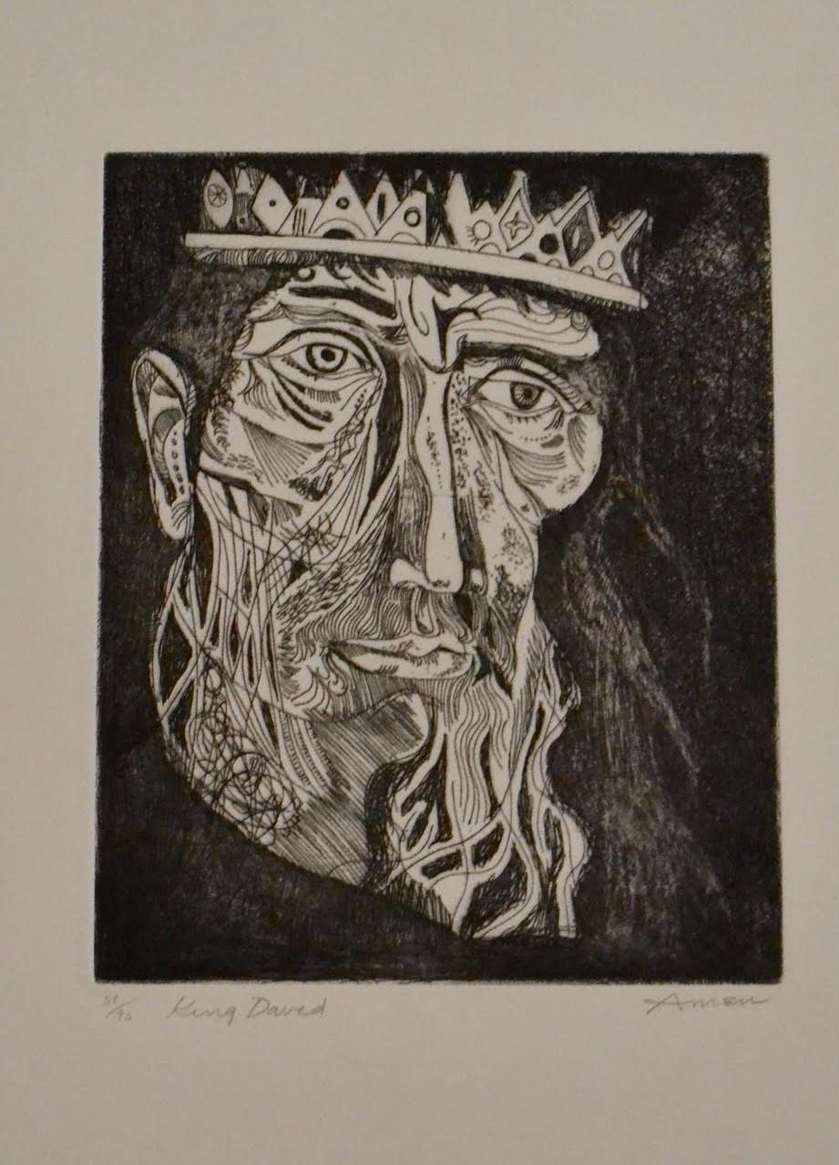 A wonderfully designed, religious woodcut image by New York City/ American born Jewish artist Irving Amen.

The print is pencil signed, titled (King David), and numbered (54/90) by the artist.

Would be a great eye-catching work in about any