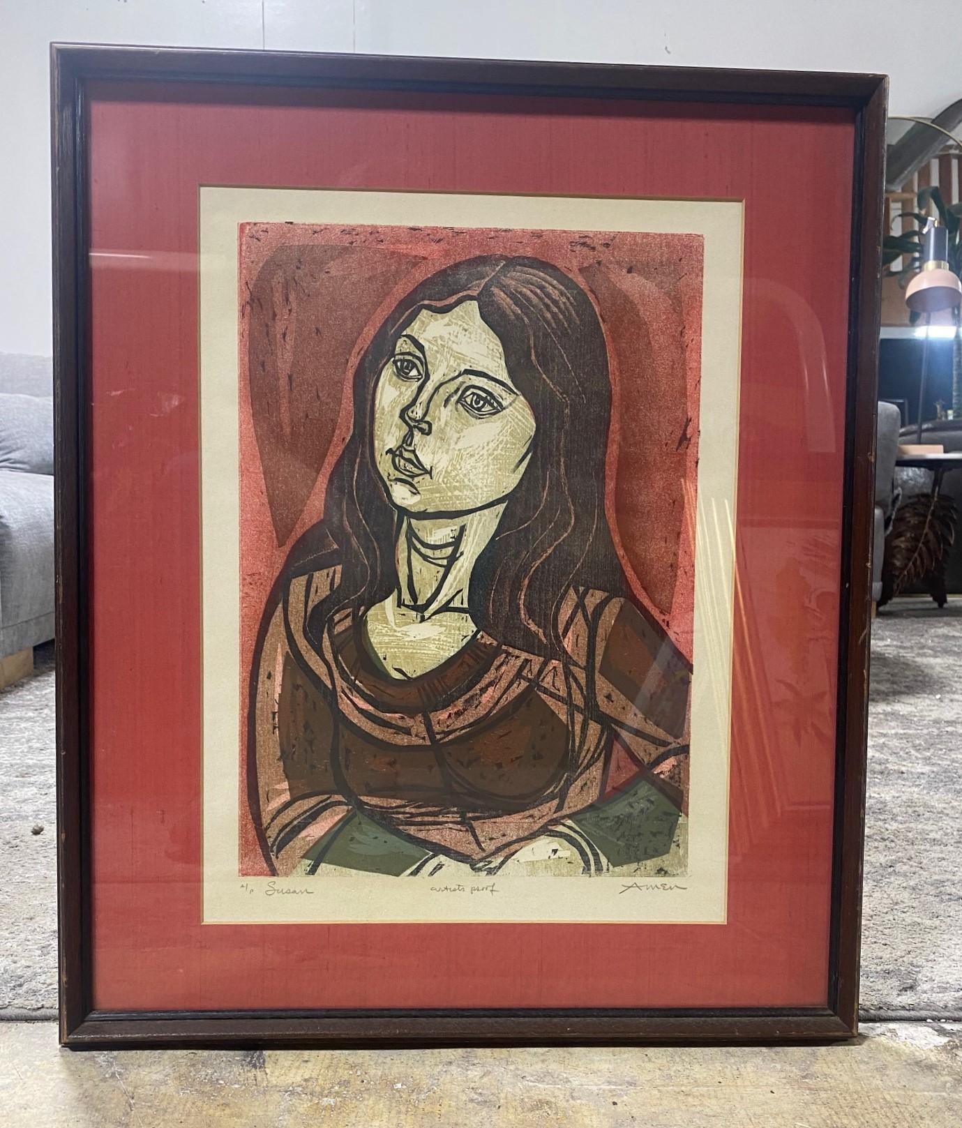 Une gravure sur bois merveilleusement conçue et richement colorée de l'artiste juif né à New York et aux États-Unis, Irving Amen.

Signée au crayon, titrée (Susan) et notée 