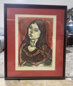 Irving Amen Signed Mid-Century Modern Framed Color Woodcut Print Susan