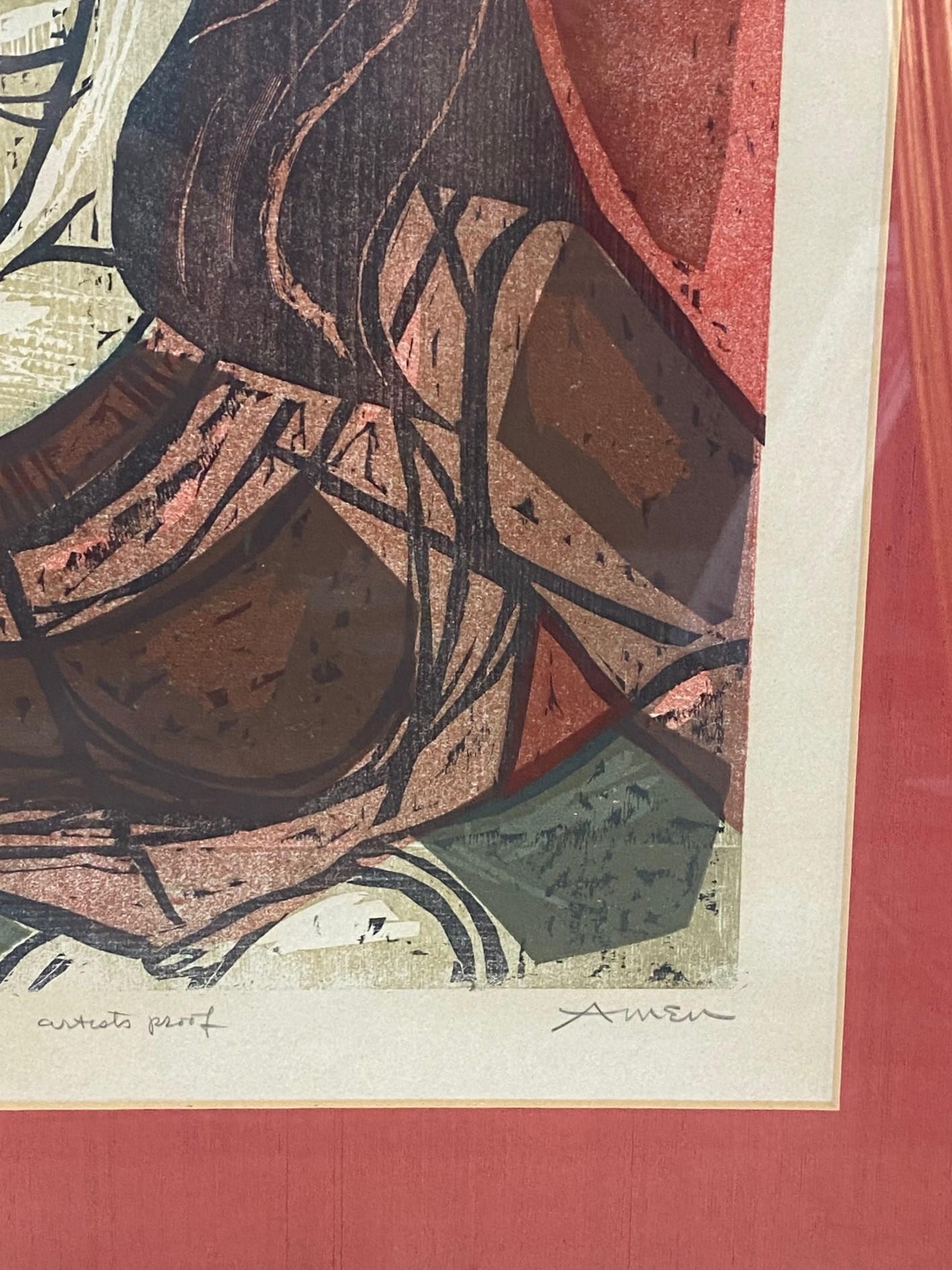 Impression sur bois encadrée moderne du milieu du siècle dernier signée Irving Amen en vente 2